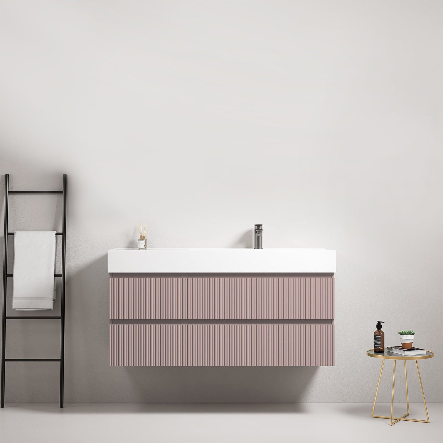 Mobile bagno sospeso cannettato 120 cm Rosa Retro Lavabo a Destra in Resina Senza Specchio - Fiji Paint