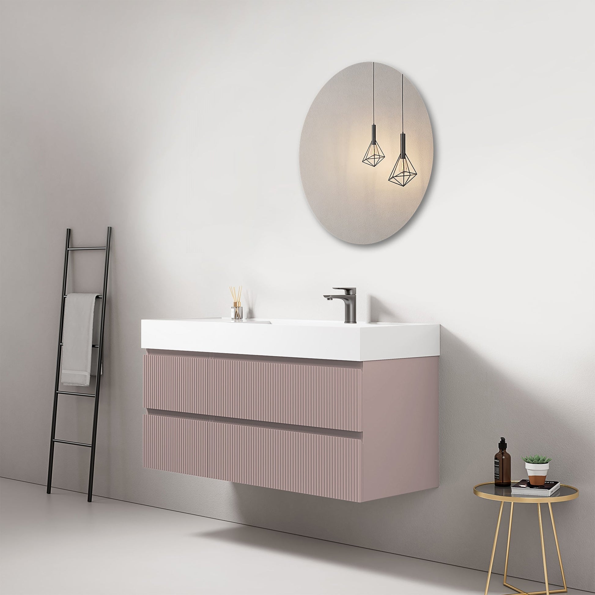 Mobile bagno sospeso cannettato 120 cm Rosa Retro Lavabo a Destra in Resina Specchio Tondo - Fiji Paint.