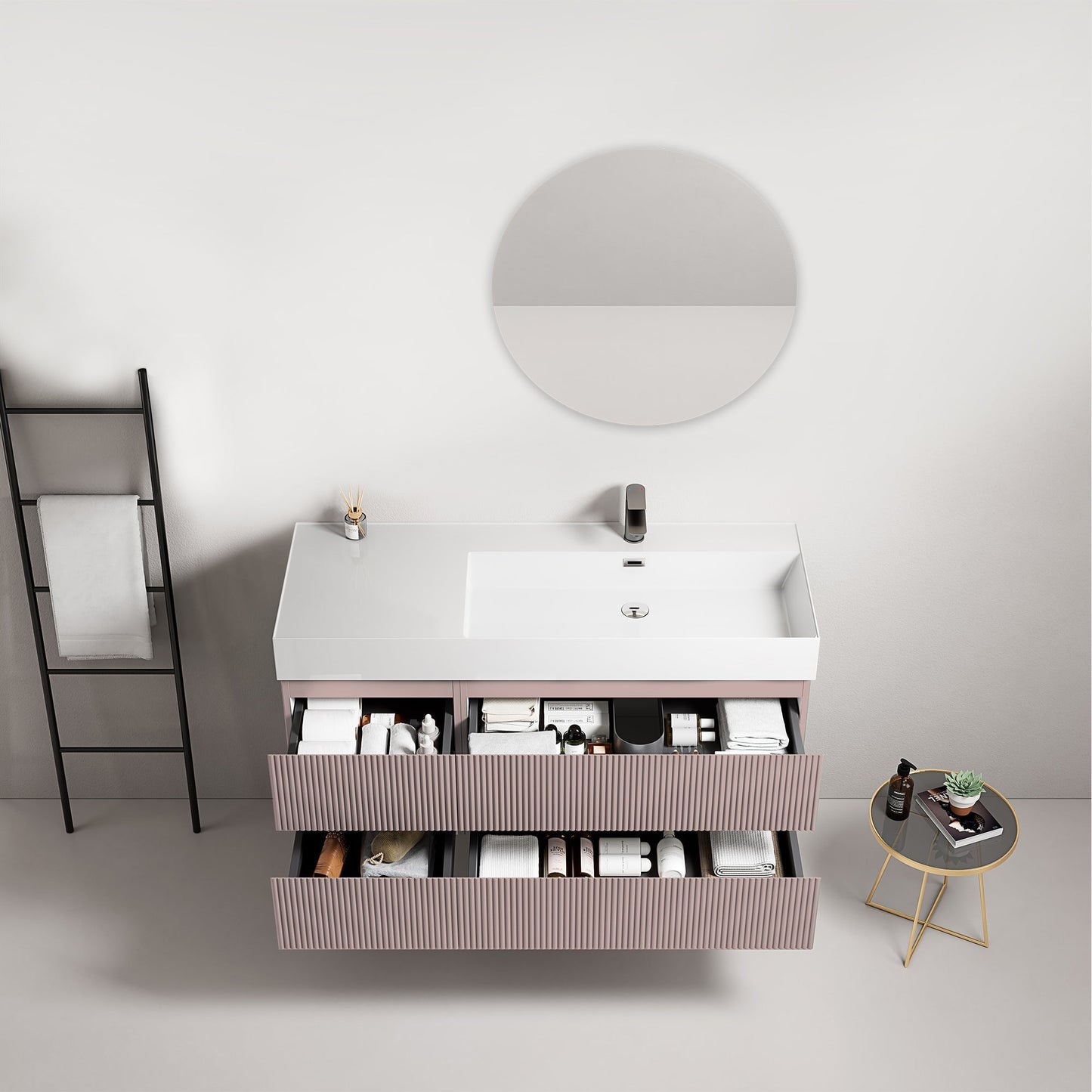 Mobile bagno sospeso cannettato 120 cm Rosa Retro Lavabo a Destra in Resina Specchio Tondo - Fiji Paint.