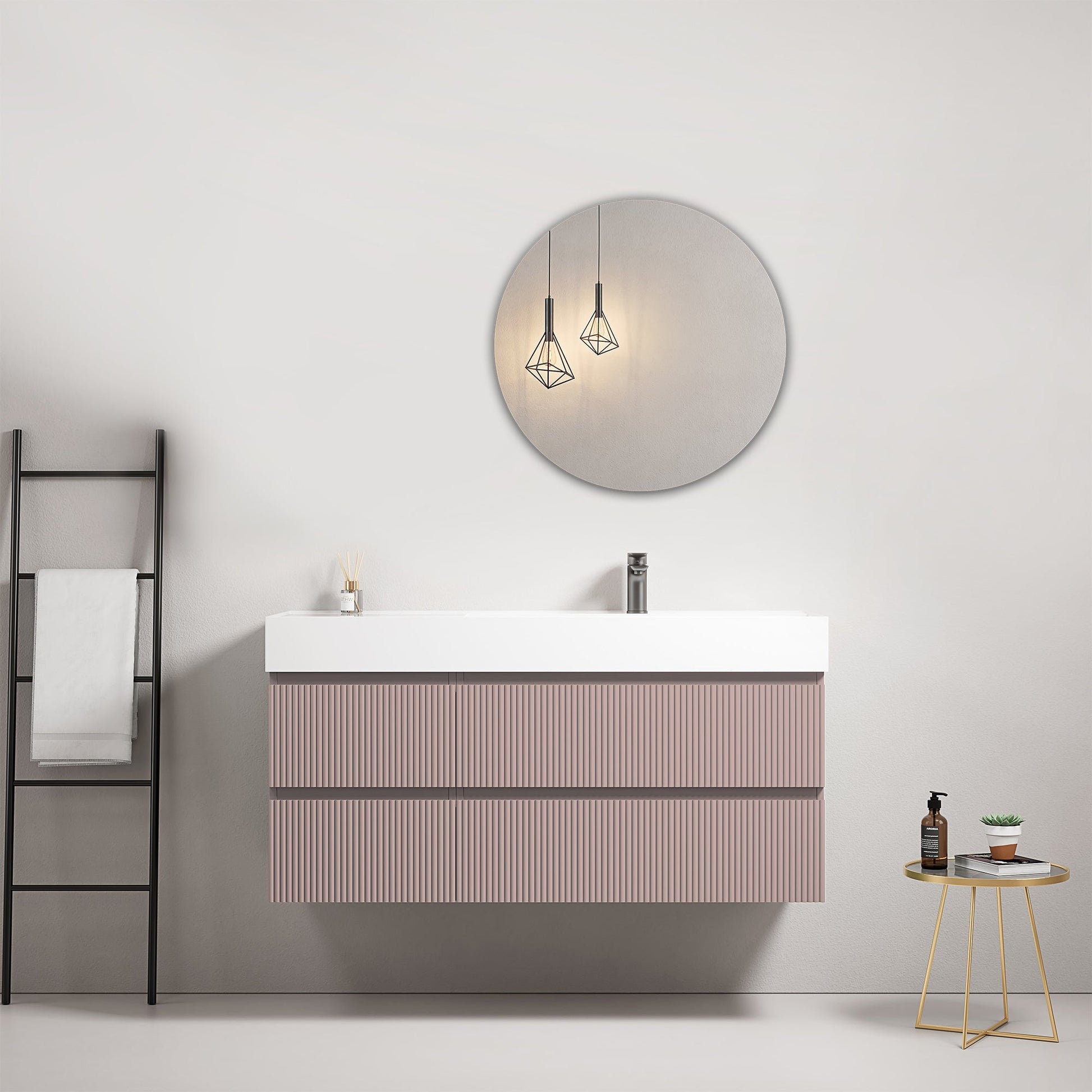Mobile bagno sospeso cannettato 120 cm Rosa Retro Lavabo a Destra in Resina Specchio Tondo - Fiji Paint