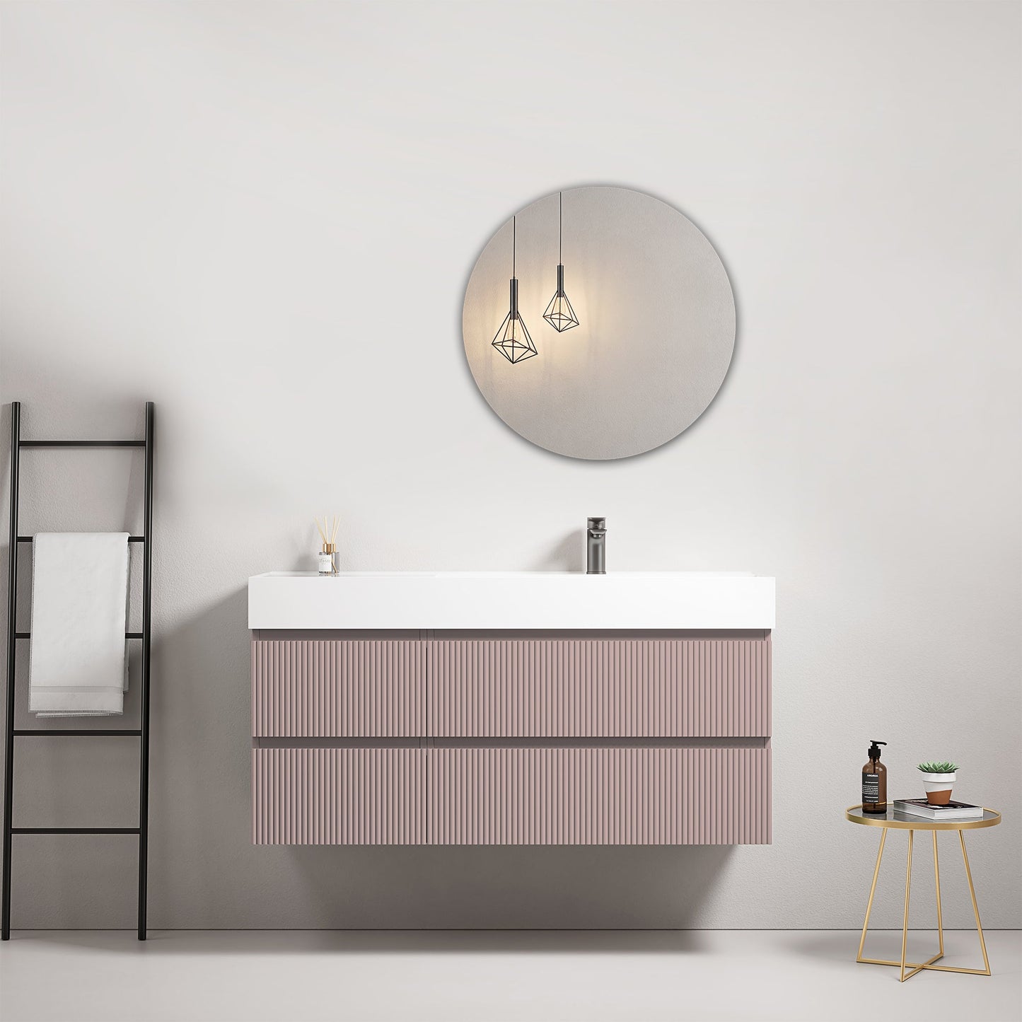Mobile bagno sospeso cannettato 120 cm Rosa Retro Lavabo a Destra in Resina Specchio Tondo - Fiji Paint