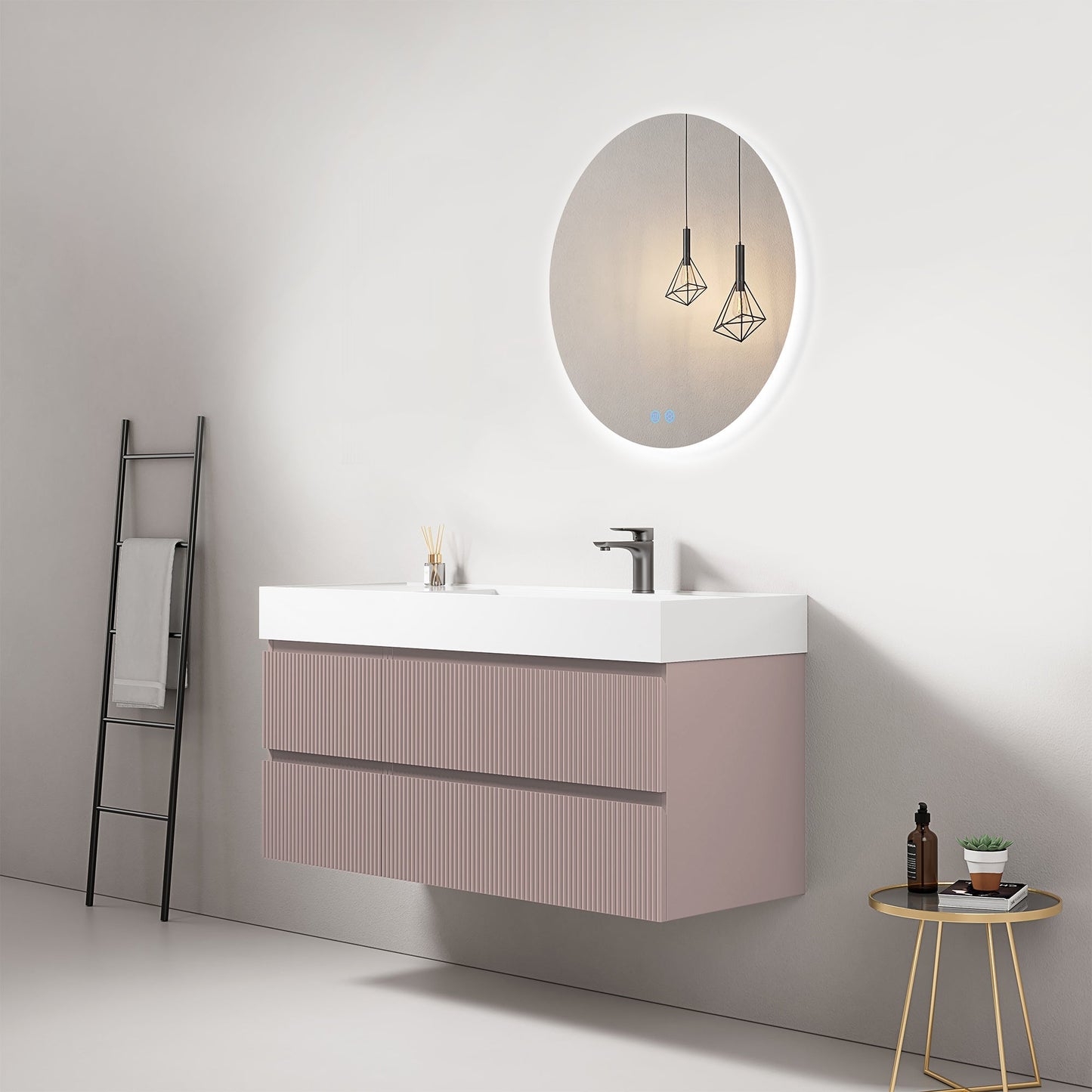 Mobile bagno sospeso cannettato 120 cm Rosa Retro Lavabo a Destra in Resina Specchio Tondo Retroilluminato - Fiji Paint