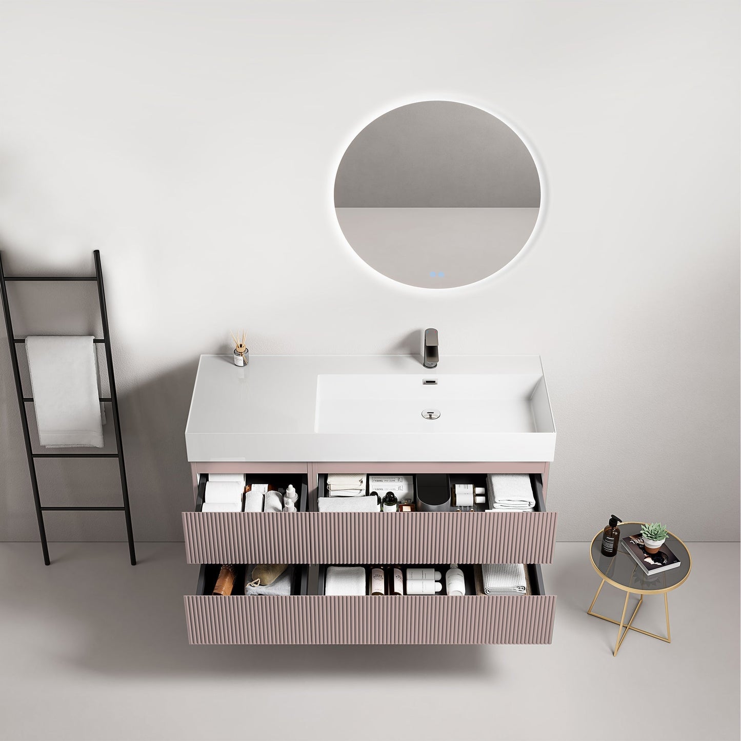 Mobile bagno sospeso cannettato 120 cm Rosa Retro Lavabo a Destra in Resina Specchio Tondo Retroilluminato - Fiji Paint