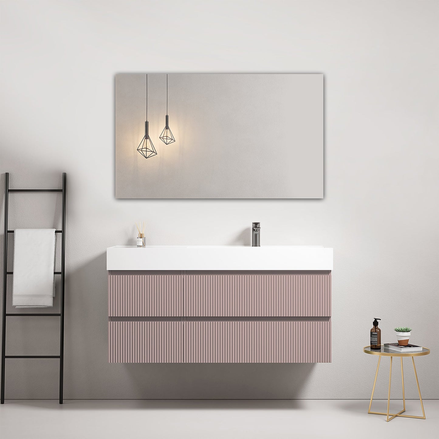Mobile bagno sospeso cannettato 120 cm Rosa Retro Lavabo a Destra in Resina Specchio Quadro - Fiji Paint