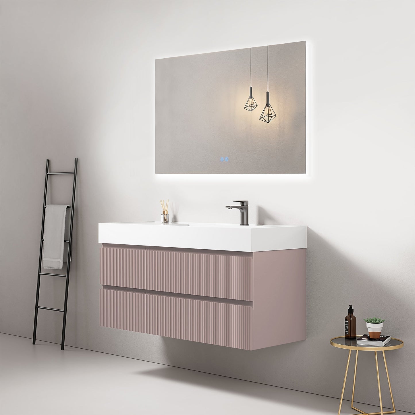 Mobile bagno sospeso cannettato 120 cm Rosa Retro Lavabo a Destra in Resina Specchio Quadro Retroilluminato - Fiji Paint