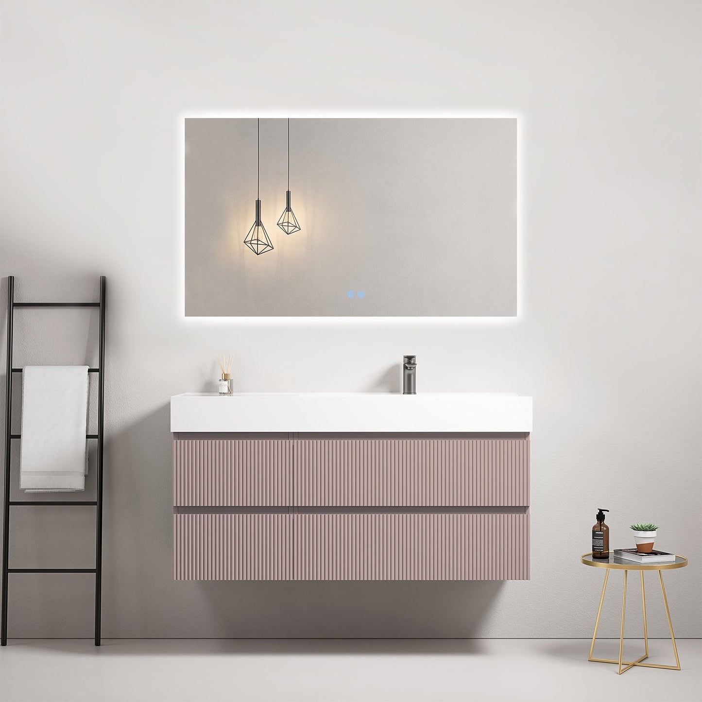 Mobile bagno sospeso cannettato 120 cm Rosa Retro Lavabo a Destra in Resina Specchio Quadro Retroilluminato - Fiji Paint