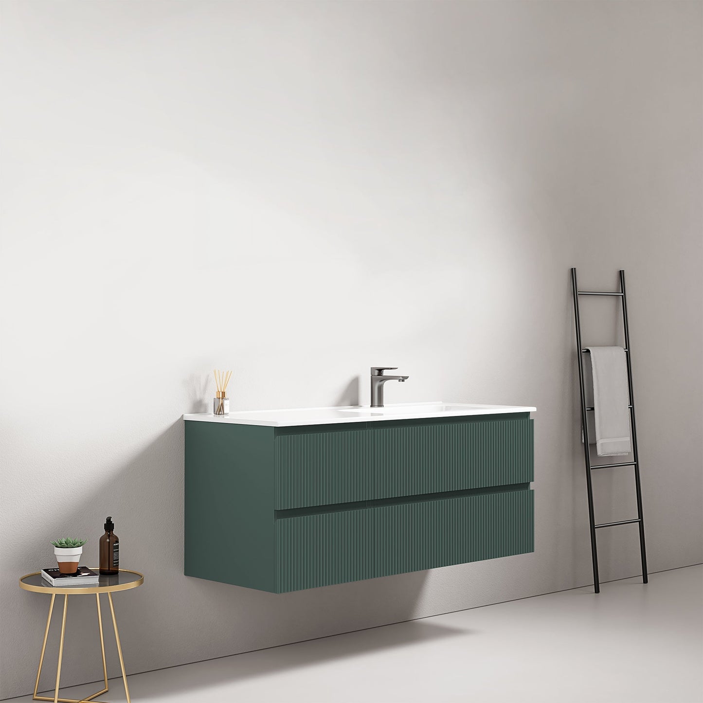 Mobile bagno sospeso cannettato 120 cm Verde Comodoro Lavabo a Destra in Ceramica Senza Specchio - Fiji Paint