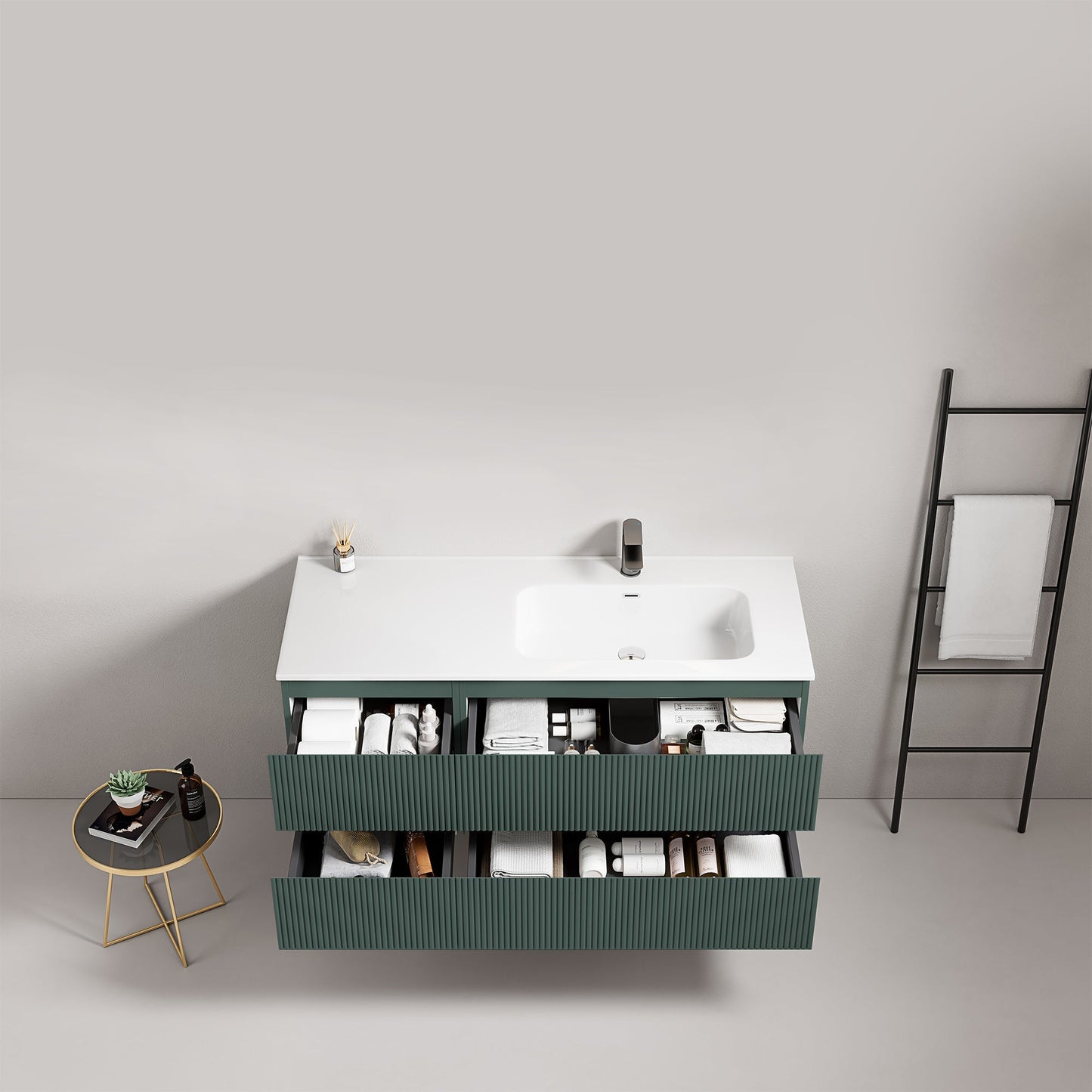 Mobile bagno sospeso cannettato 120 cm Verde Comodoro Lavabo a Destra in Ceramica Senza Specchio - Fiji Paint