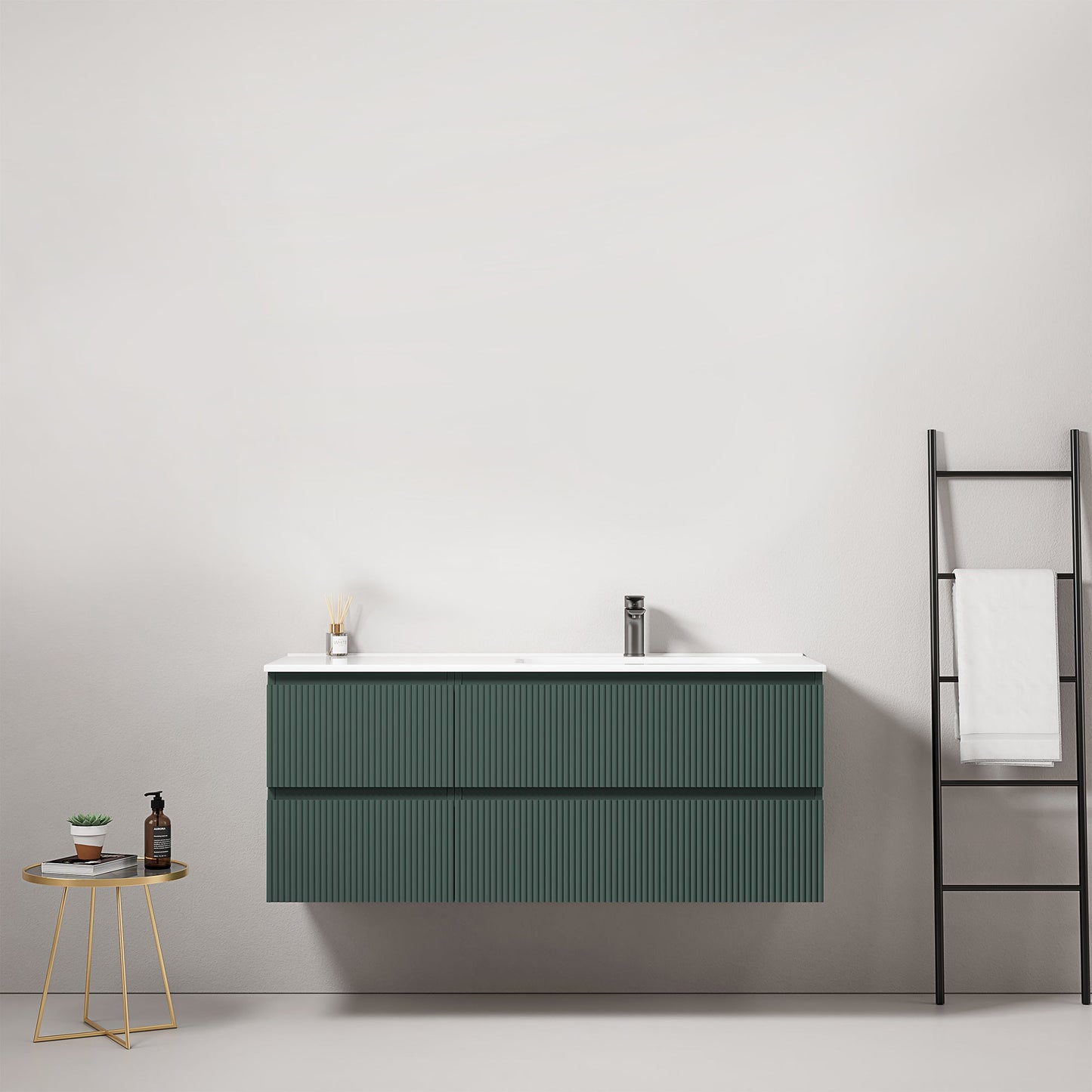 Mobile bagno sospeso cannettato 120 cm Verde Comodoro Lavabo a Destra in Ceramica Senza Specchio - Fiji Paint