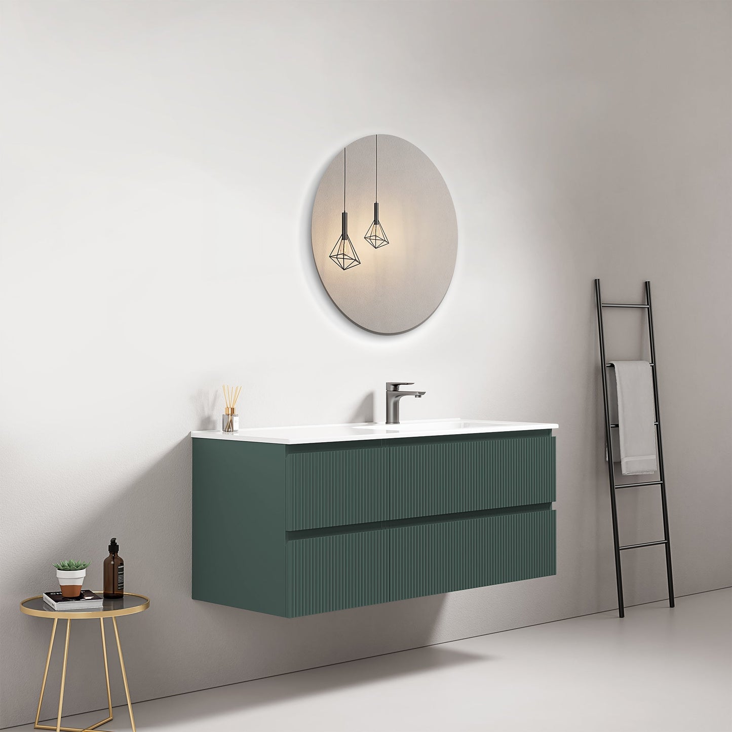 Mobile bagno sospeso cannettato 120 cm Verde Comodoro Lavabo a Destra in Ceramica Specchio Tondo - Fiji Paint