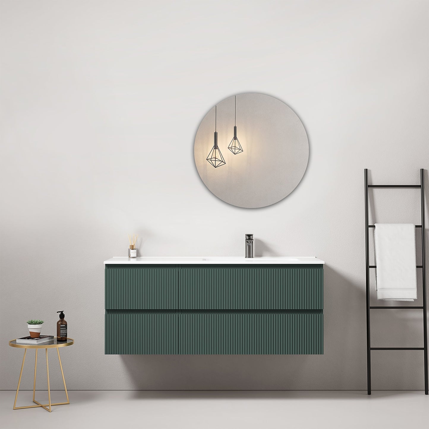 Mobile bagno sospeso cannettato 120 cm Verde Comodoro Lavabo a Destra in Ceramica Specchio Tondo - Fiji Paint.