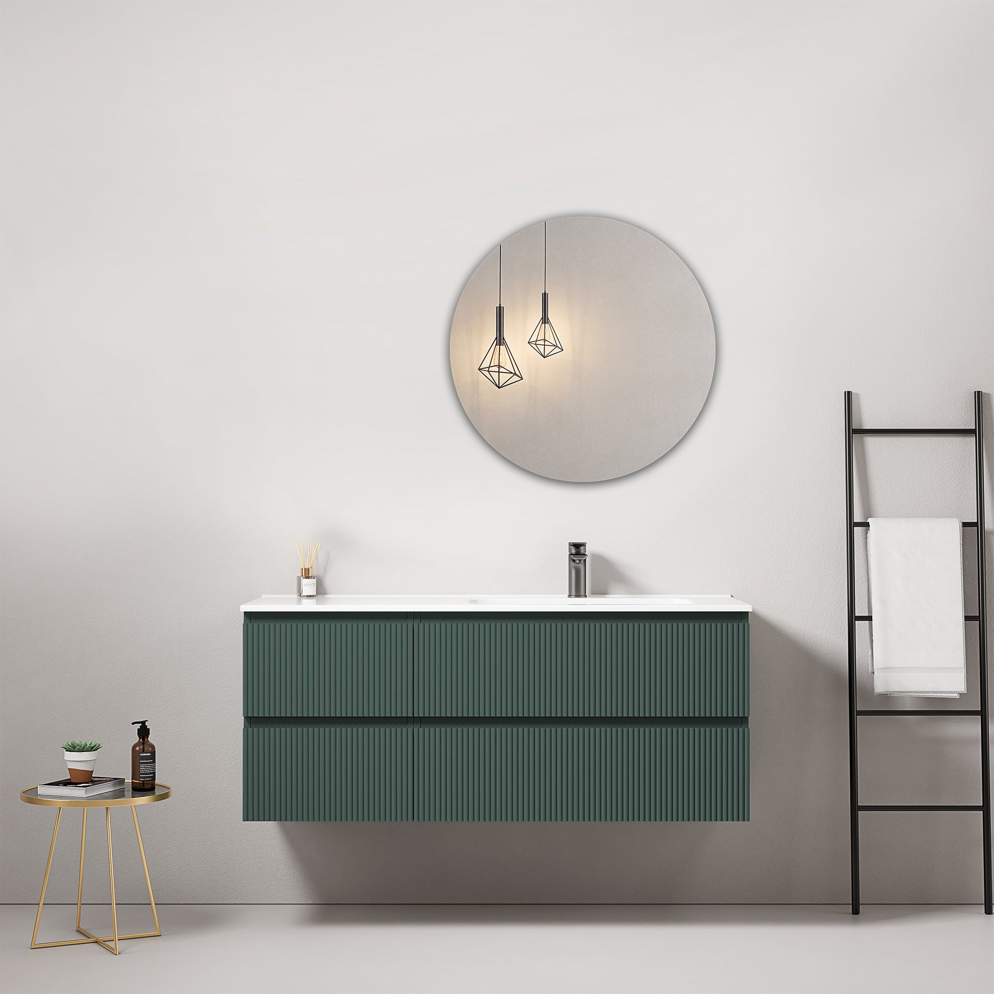 Mobile bagno sospeso cannettato 120 cm Verde Comodoro Lavabo a Destra in Ceramica Specchio Tondo - Fiji Paint