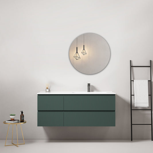 Mobile bagno sospeso cannettato 120 cm Verde Comodoro Lavabo a Destra in Ceramica Specchio Tondo - Fiji Paint.