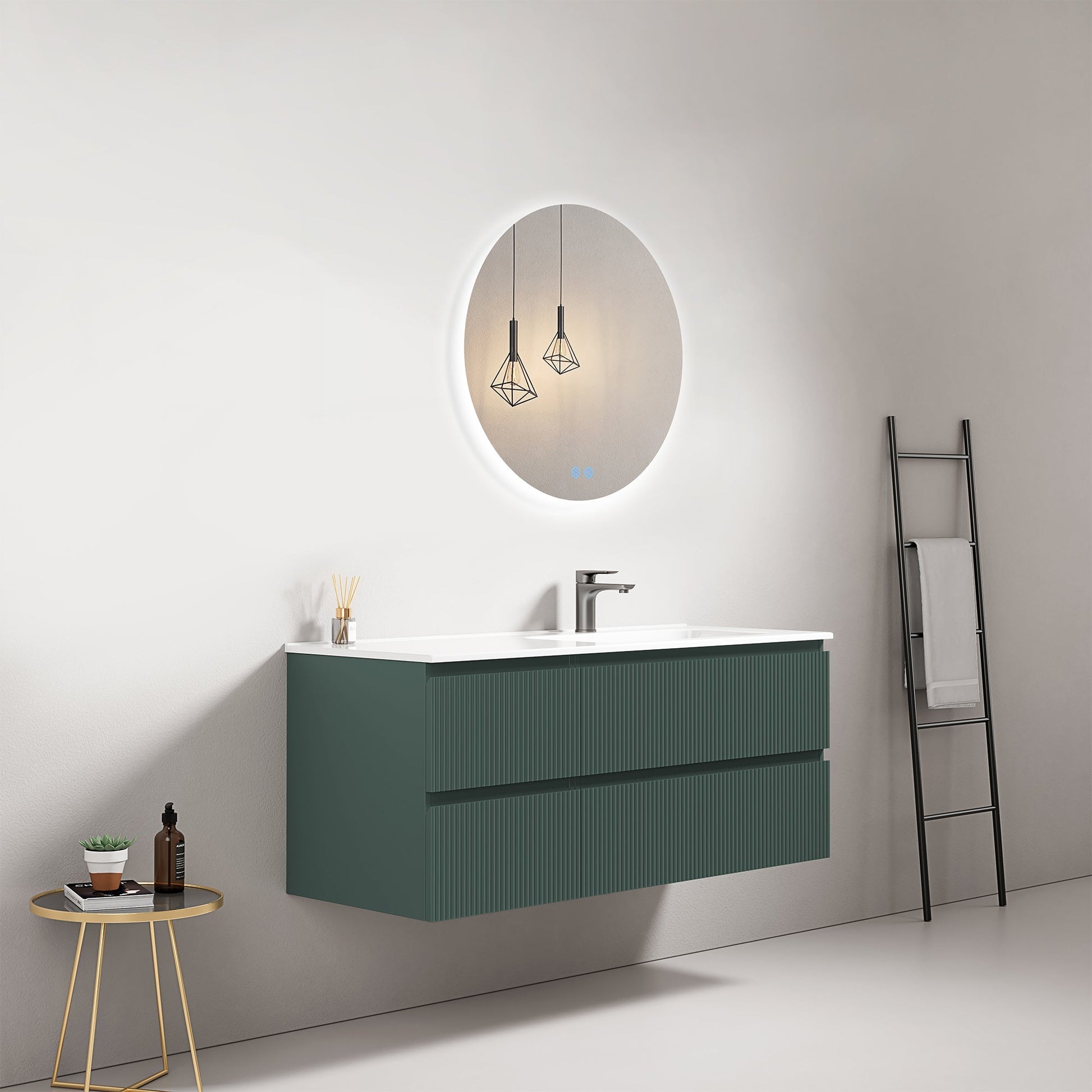 Mobile bagno sospeso cannettato 120 cm Verde Comodoro Lavabo a Destra in Ceramica Specchio Tondo Retroilluminato - Fiji Paint