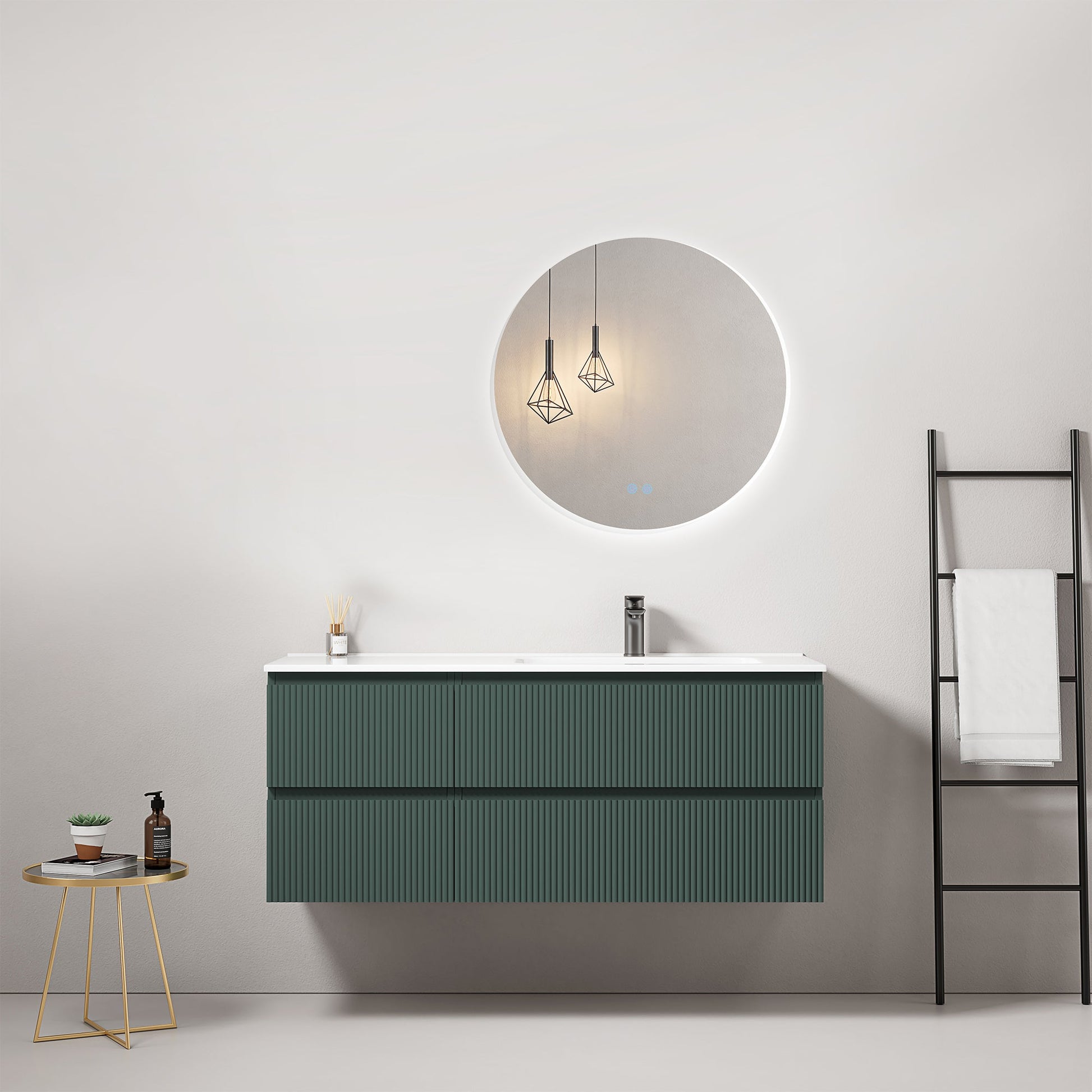 Mobile bagno sospeso cannettato 120 cm Verde Comodoro Lavabo a Destra in Ceramica Specchio Tondo Retroilluminato - Fiji Paint