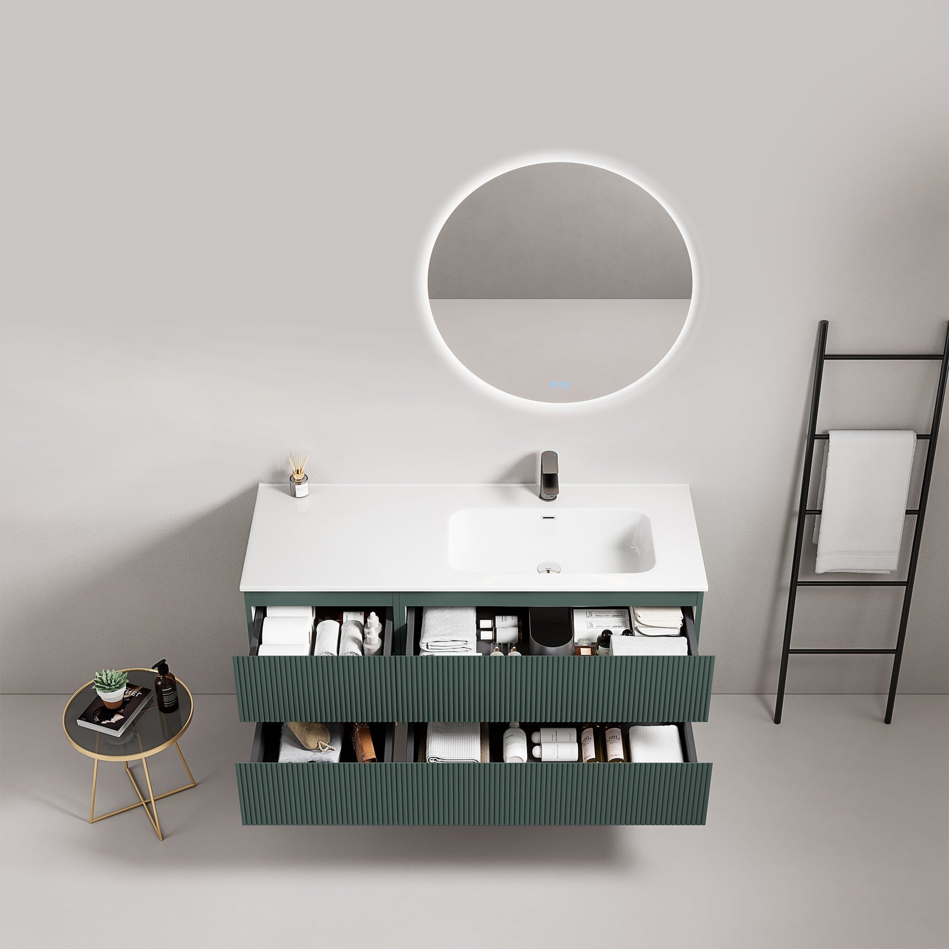 Mobile bagno sospeso cannettato 120 cm Verde Comodoro Lavabo a Destra in Ceramica Specchio Tondo Retroilluminato - Fiji Paint