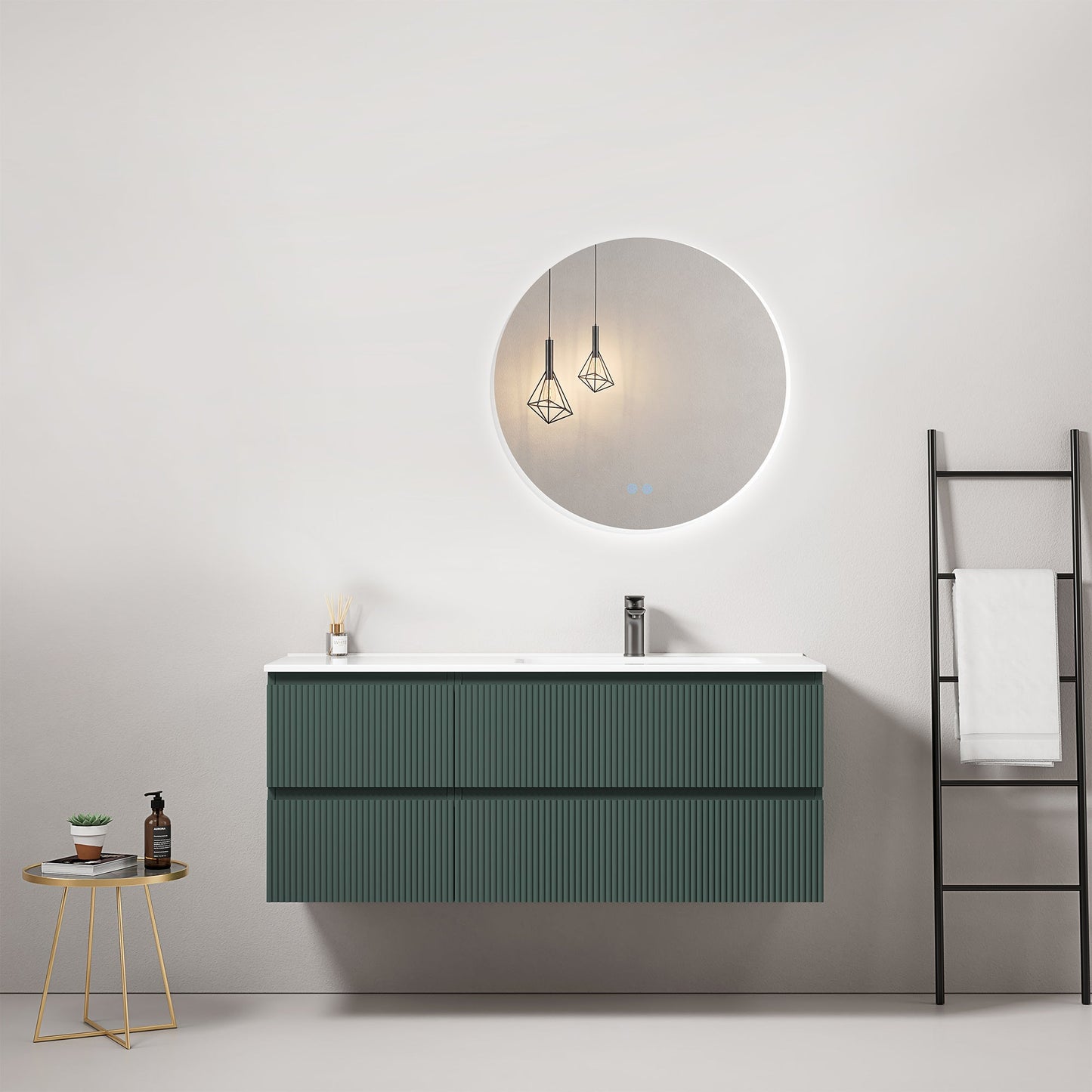 Mobile bagno sospeso cannettato 120 cm Verde Comodoro Lavabo a Destra in Ceramica Specchio Tondo Retroilluminato - Fiji Paint
