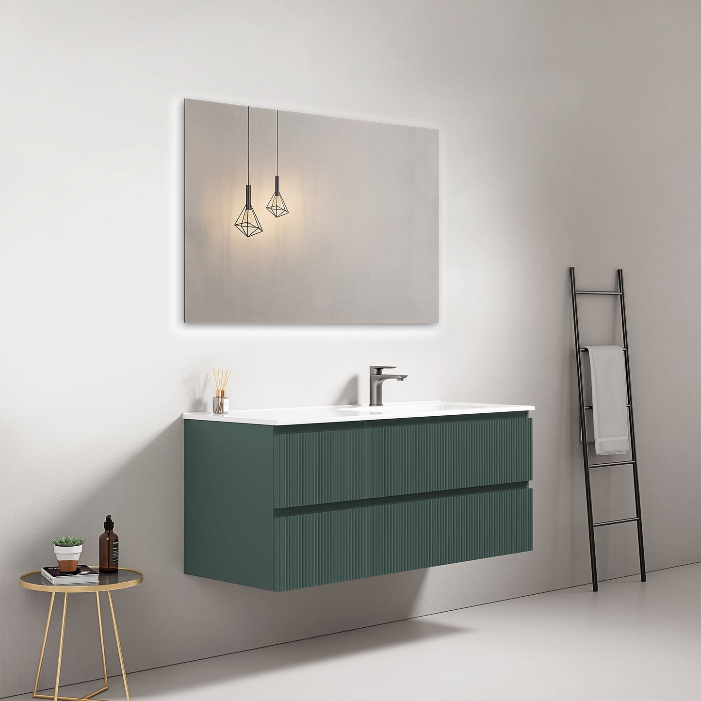 Mobile bagno sospeso cannettato 120 cm Verde Comodoro Lavabo a Destra in Ceramica Specchio Quadro - Fiji Paint