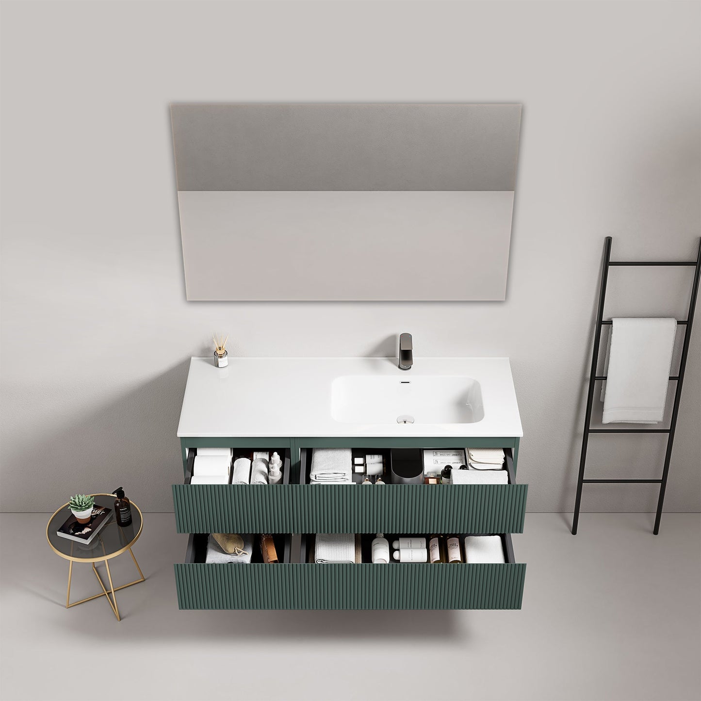 Mobile bagno sospeso cannettato 120 cm Verde Comodoro Lavabo a Destra in Ceramica Specchio Quadro - Fiji Paint