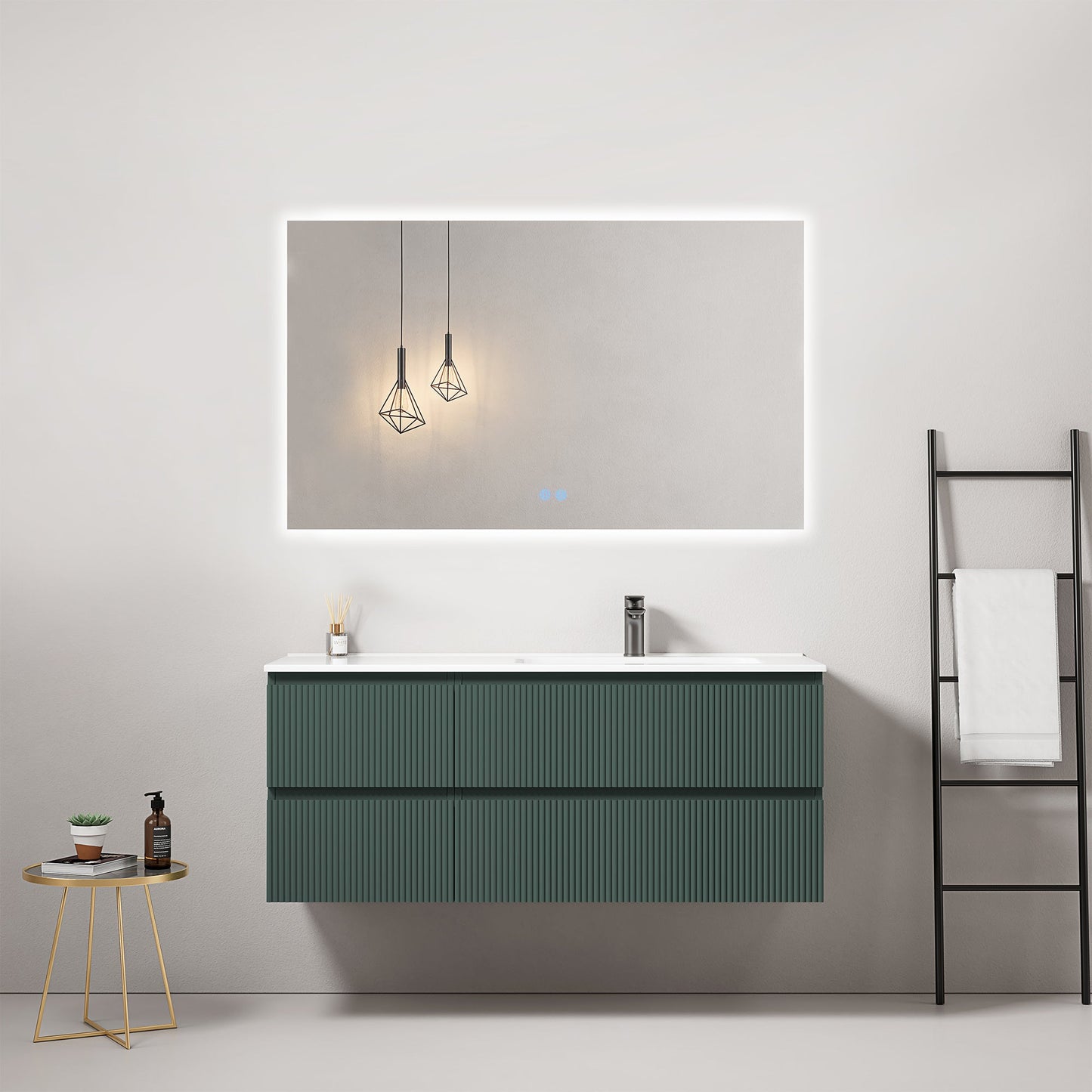 Mobile bagno sospeso cannettato 120 cm Verde Comodoro Lavabo a Destra in Ceramica Specchio Quadro Retroilluminato - Fiji Paint