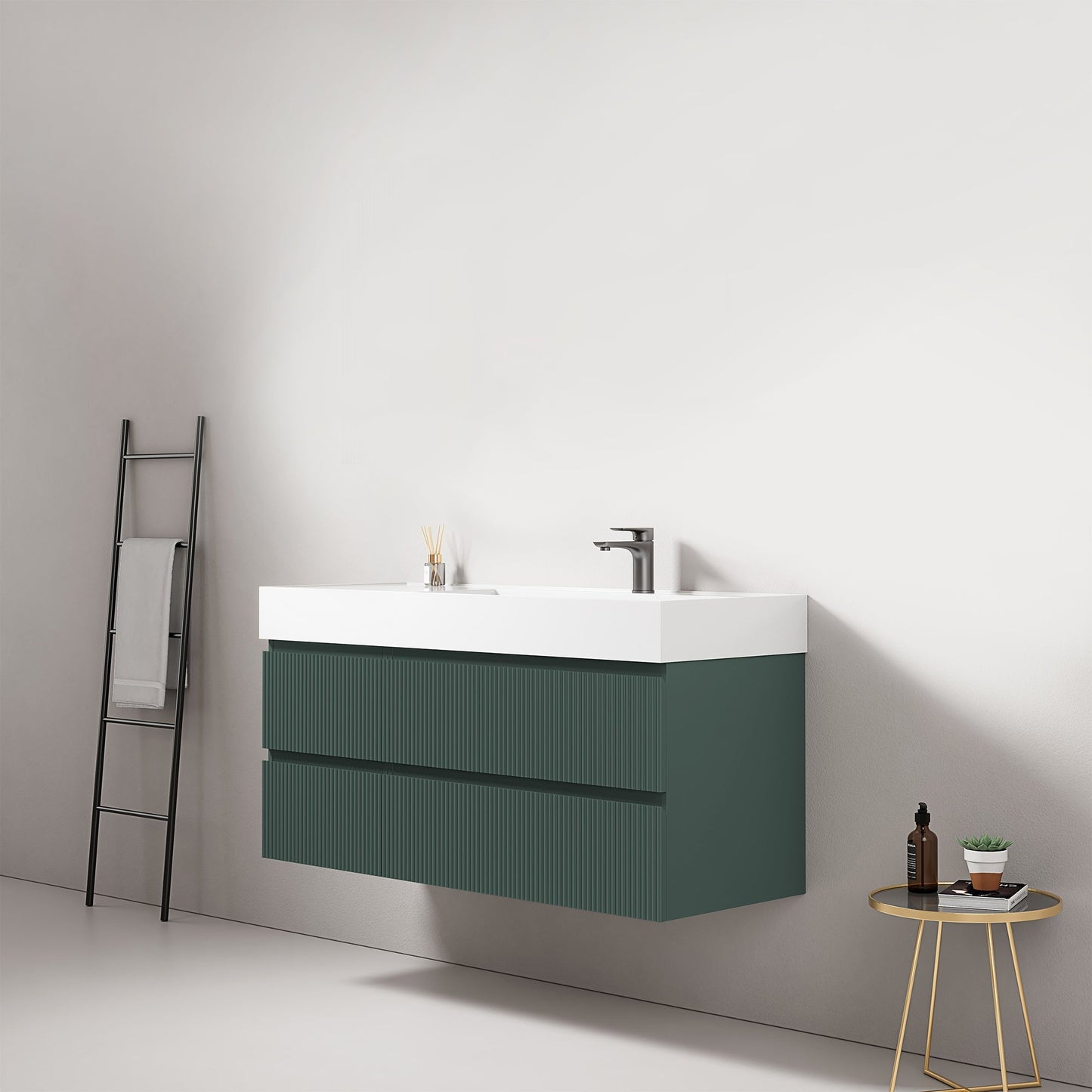 Mobile bagno sospeso cannettato 120 cm Verde Comodoro Lavabo a Destra in Resina Senza Specchio - Fiji Paint