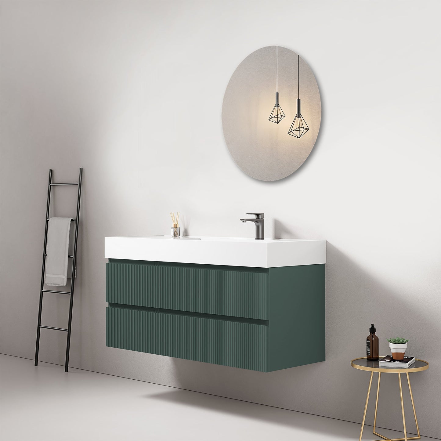 Mobile bagno sospeso cannettato 120 cm Verde Comodoro Lavabo a Destra in Resina Specchio Tondo - Fiji Paint