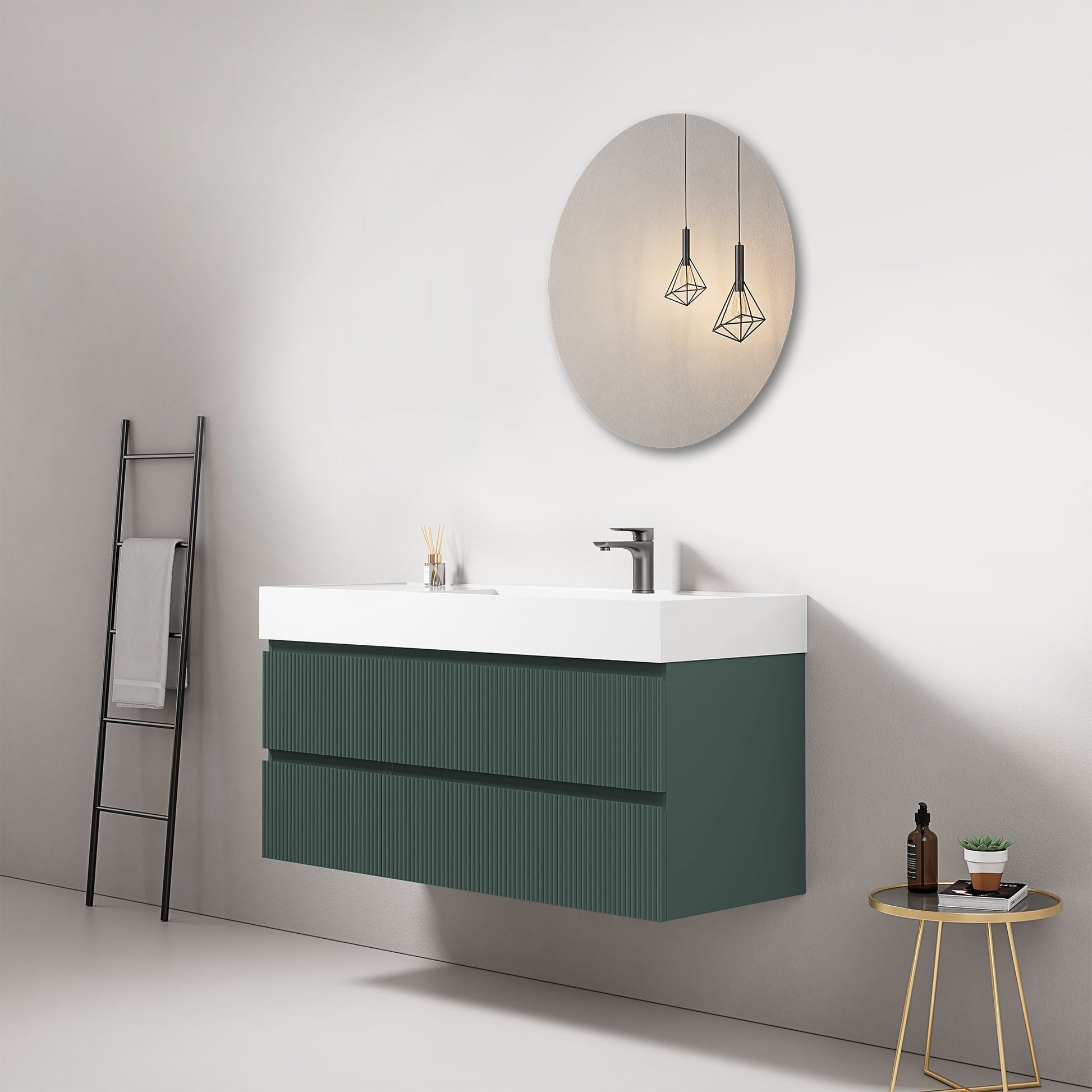 Mobile bagno sospeso cannettato 120 cm Verde Comodoro Lavabo a Destra in Resina Specchio Tondo - Fiji Paint