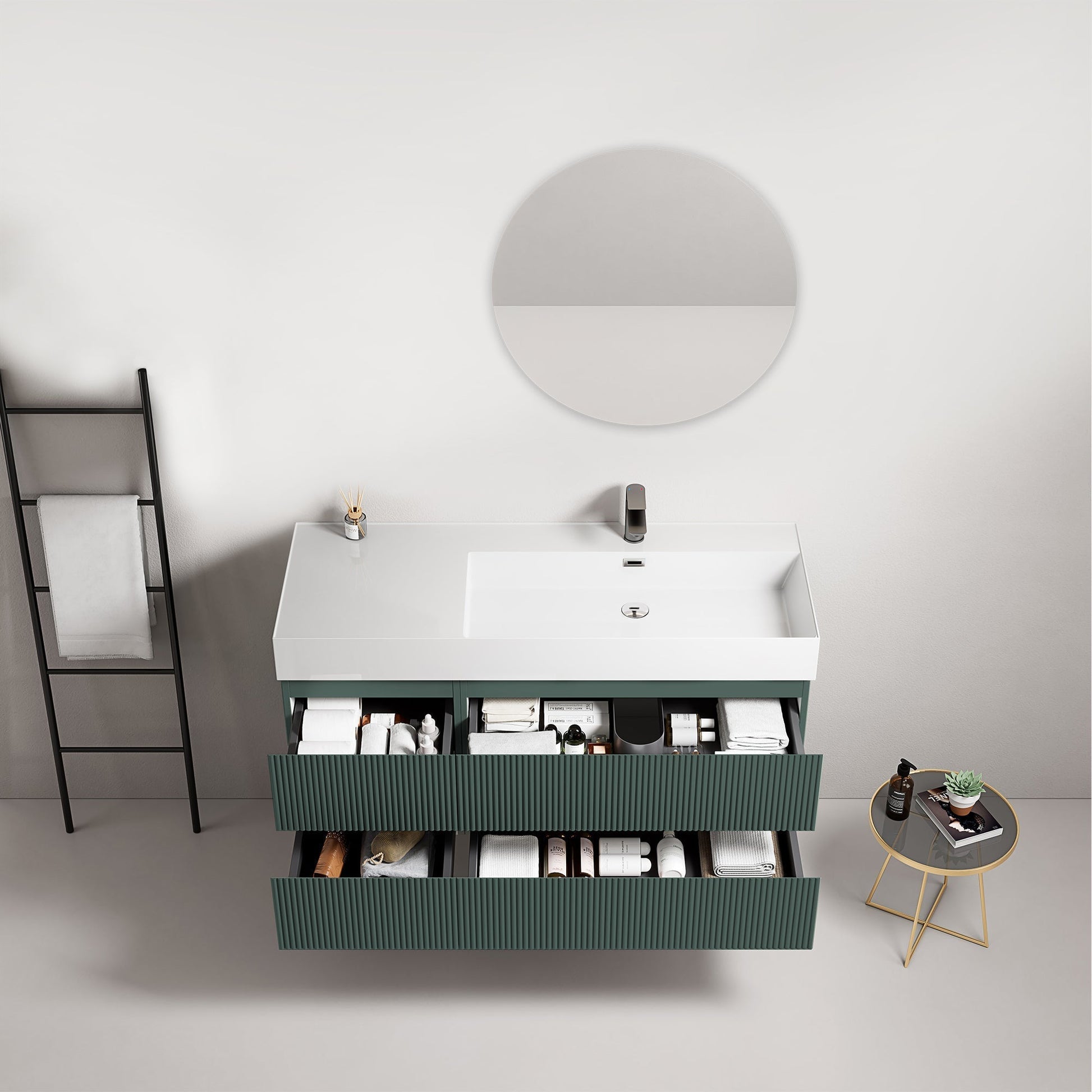 Mobile bagno sospeso cannettato 120 cm Verde Comodoro Lavabo a Destra in Resina Specchio Tondo - Fiji Paint