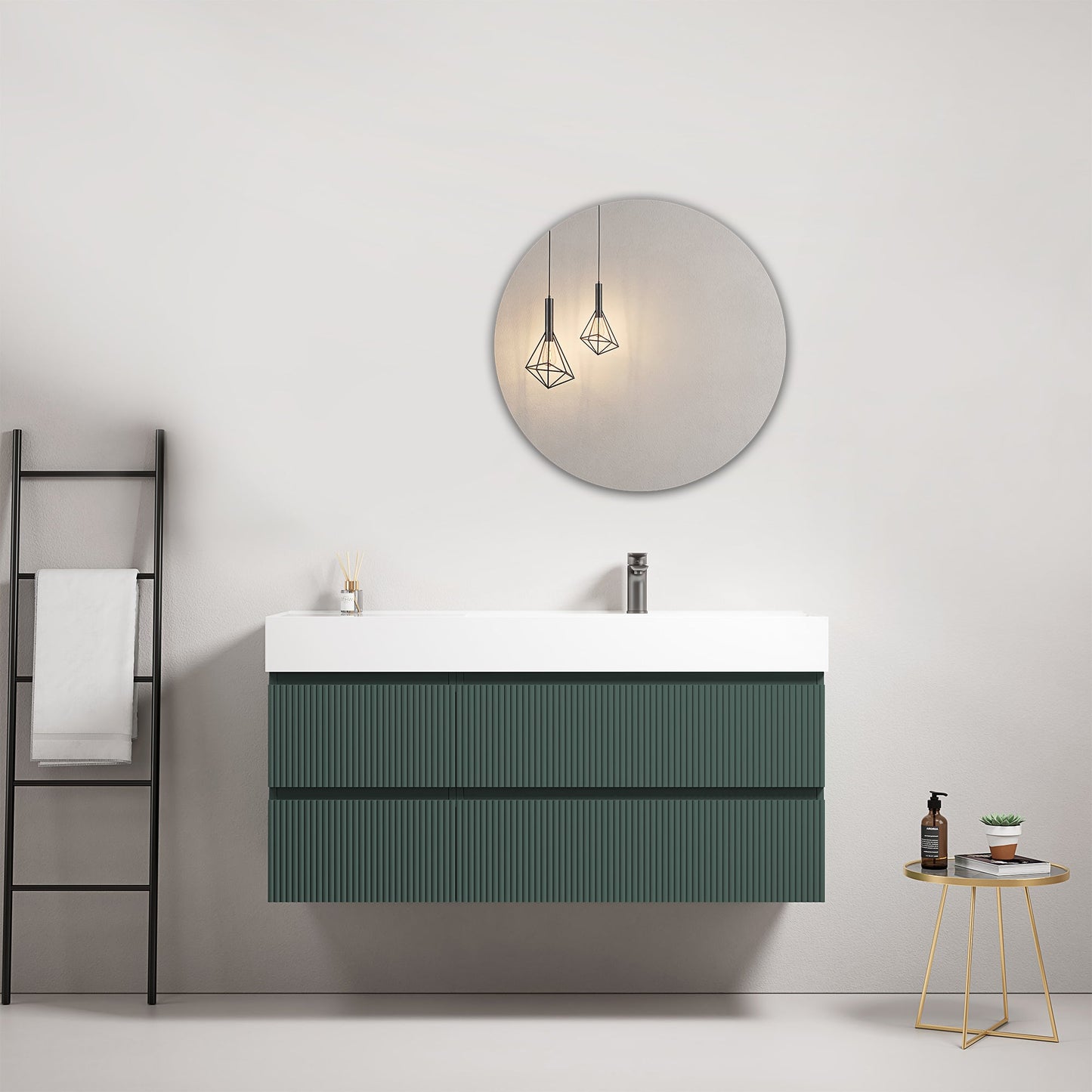 Mobile bagno sospeso cannettato 120 cm Verde Comodoro Lavabo a Destra in Resina Specchio Tondo - Fiji Paint