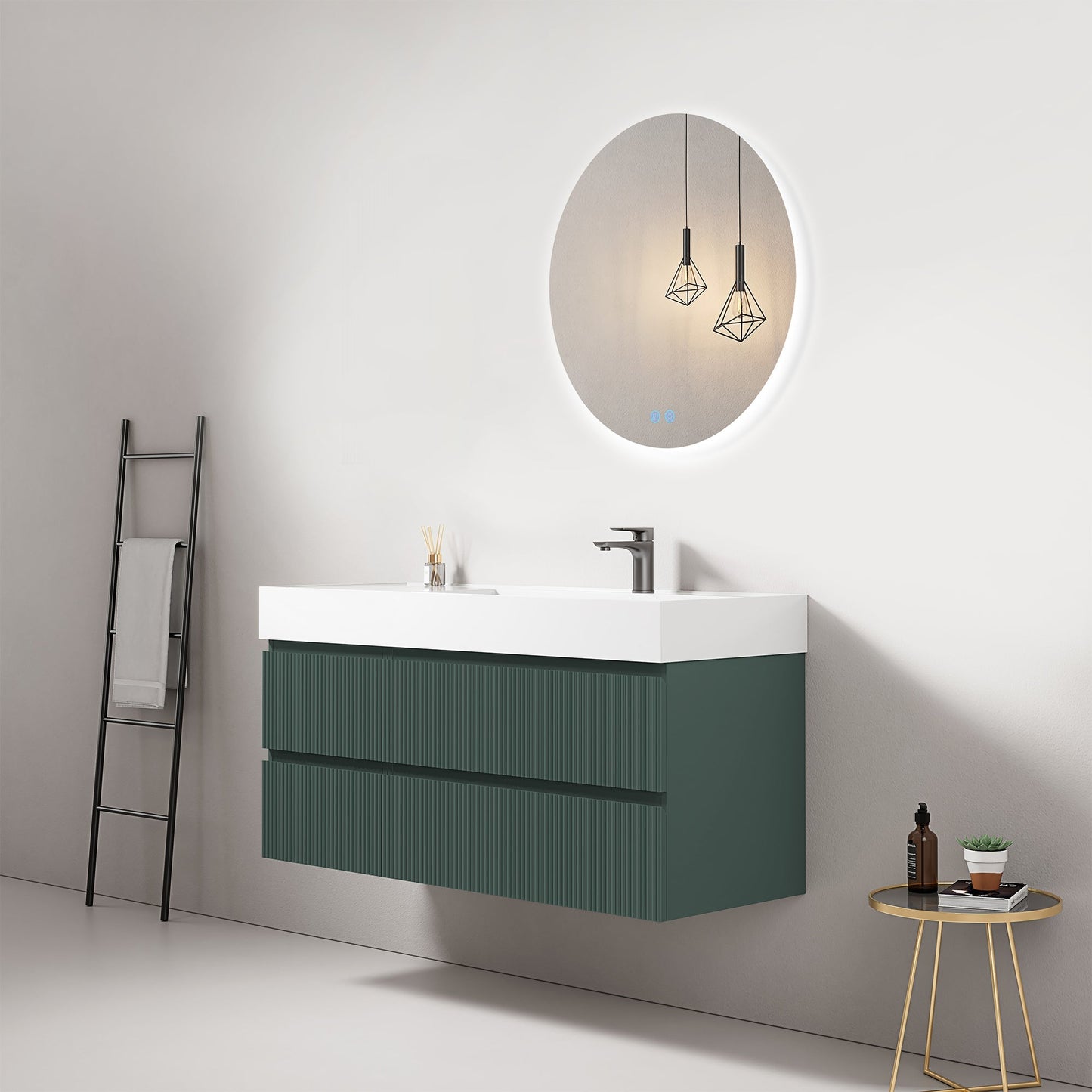Mobile bagno sospeso cannettato 120 cm Verde Comodoro Lavabo a Destra in Resina Specchio Tondo Retroilluminato - Fiji Paint