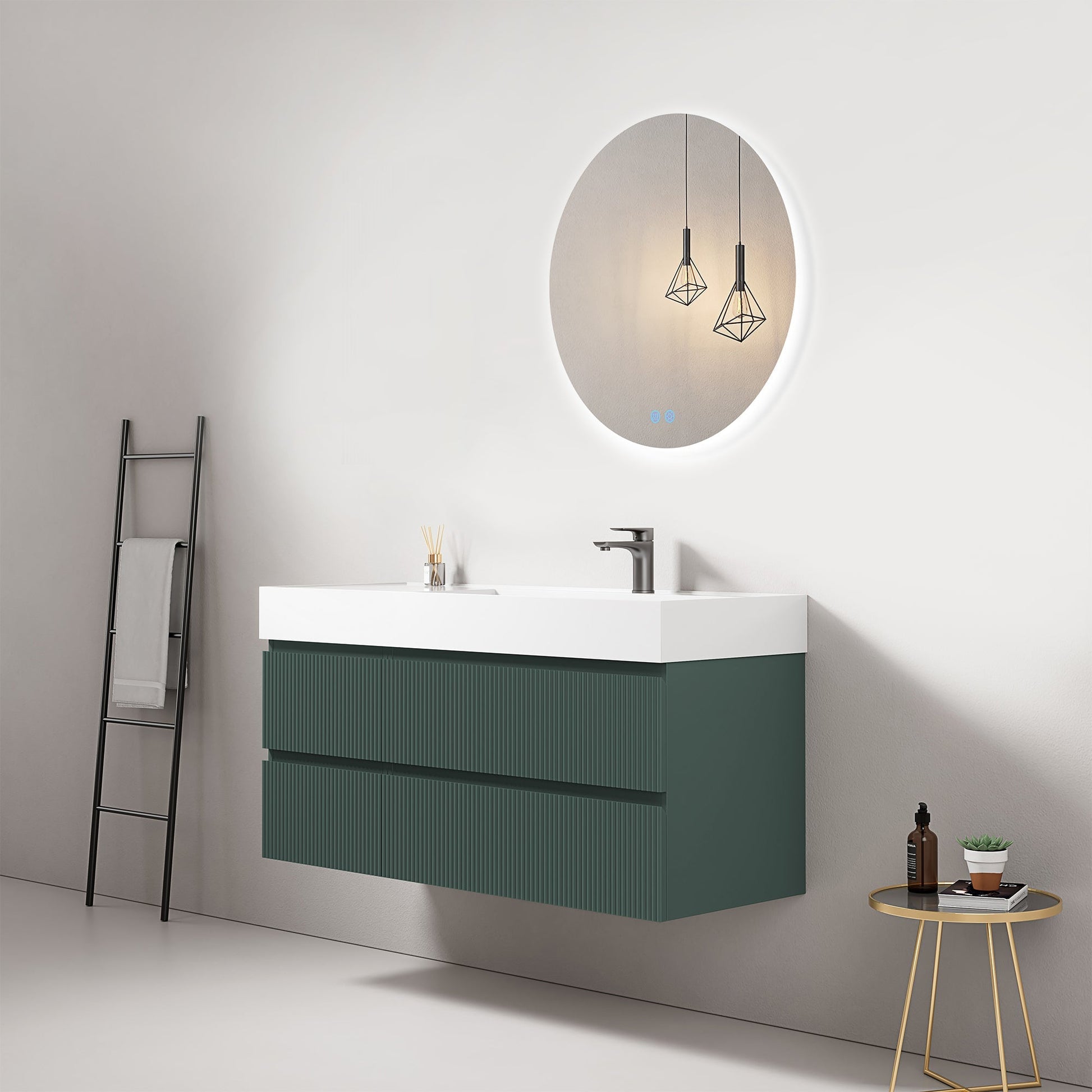 Mobile bagno sospeso cannettato 120 cm Verde Comodoro Lavabo a Destra in Resina Specchio Tondo Retroilluminato - Fiji Paint