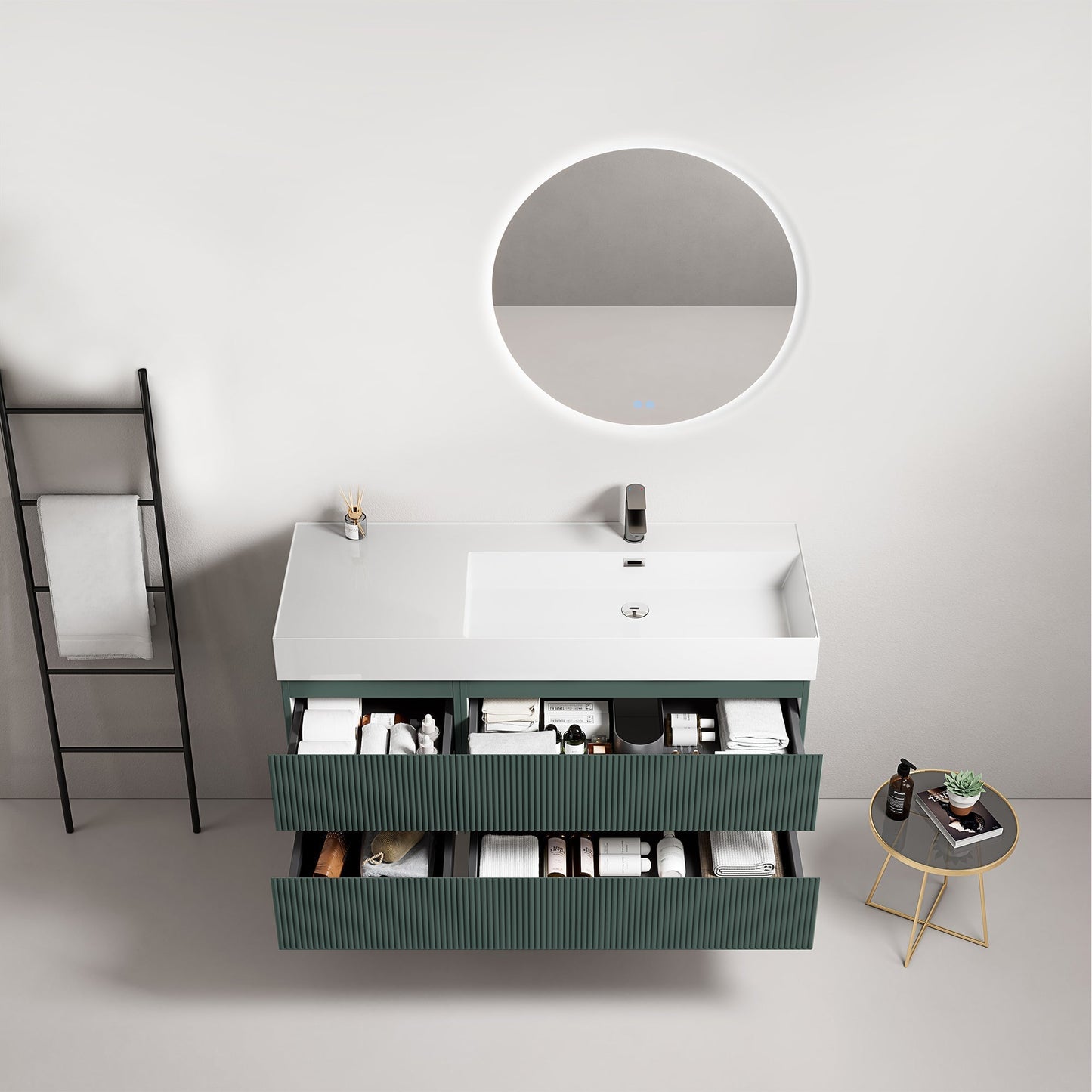 Mobile bagno sospeso cannettato 120 cm Verde Comodoro Lavabo a Destra in Resina Specchio Tondo Retroilluminato - Fiji Paint.
