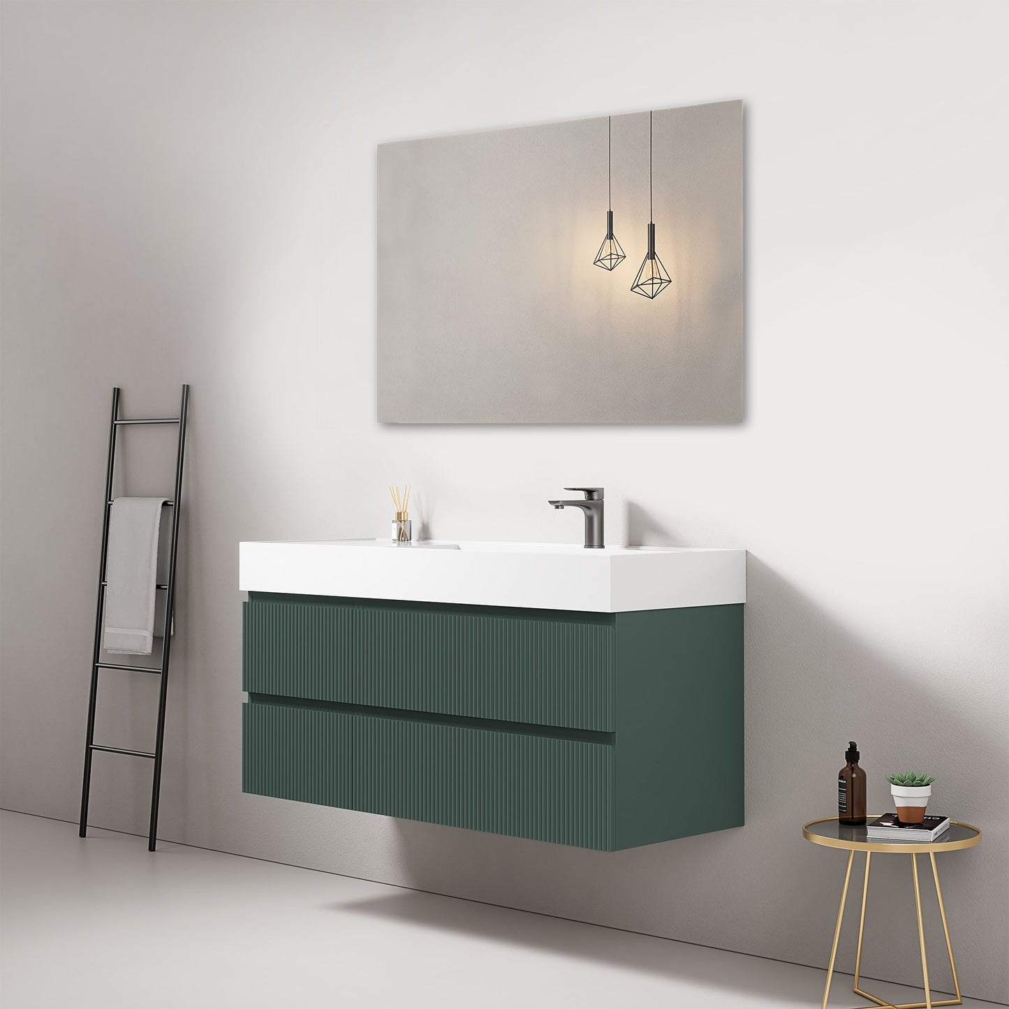 Mobile bagno sospeso cannettato 120 cm Verde Comodoro Lavabo a Destra in Resina Specchio Quadro - Fiji Paint