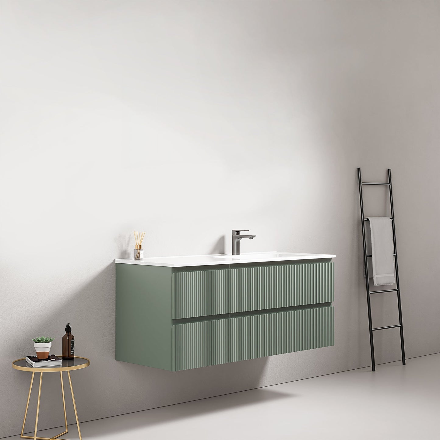 Mobile bagno sospeso cannettato 120 cm Verde Salvia Lavabo a Destra in Ceramica Senza Specchio - Fiji Paint