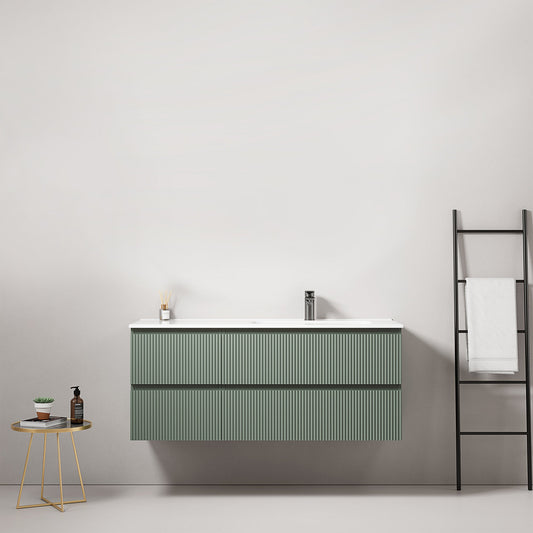 Mobile bagno sospeso cannettato 120 cm Verde Salvia Lavabo a Destra in Ceramica Senza Specchio - Fiji Paint