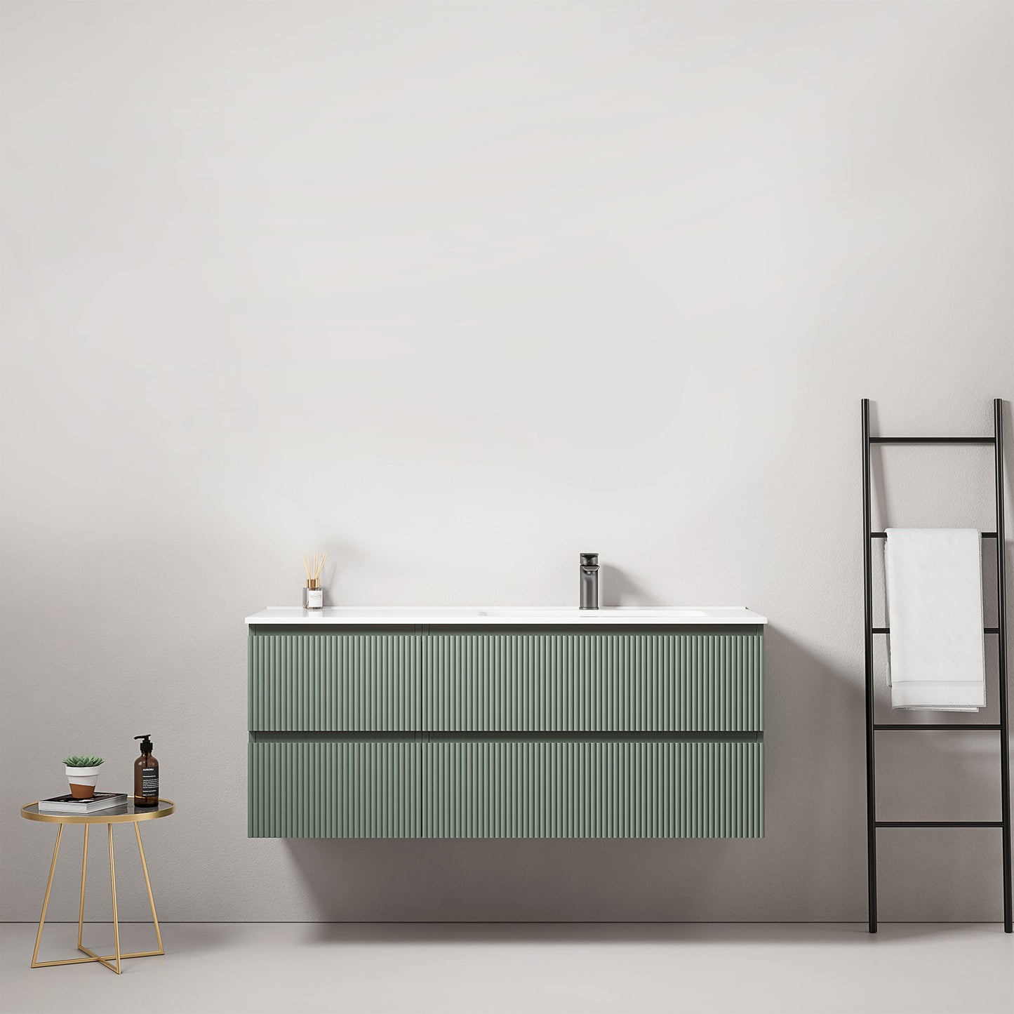 Mobile bagno sospeso cannettato 120 cm Verde Salvia Lavabo a Destra in Ceramica Senza Specchio - Fiji Paint