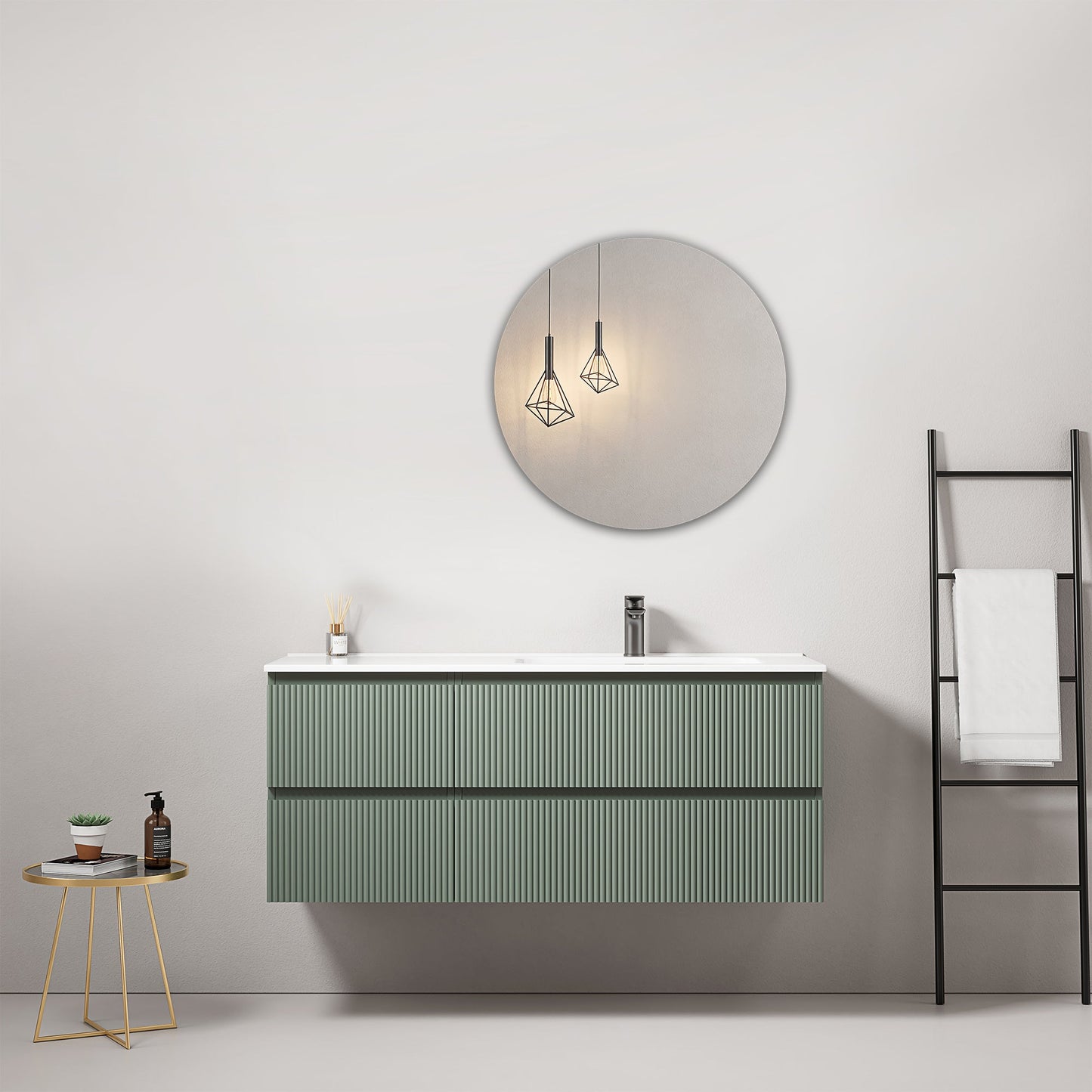 Mobile bagno sospeso cannettato 120 cm Verde Salvia Lavabo a Destra in Ceramica Specchio Tondo - Fiji Paint.