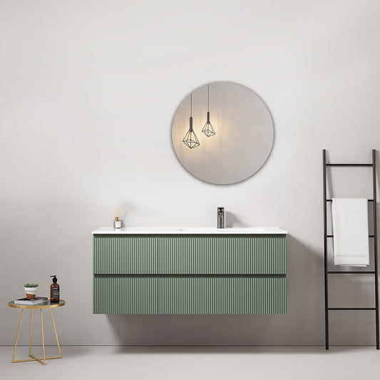 Mobile bagno sospeso cannettato 120 cm Verde Salvia Lavabo a Destra in Ceramica Specchio Tondo - Fiji Paint.