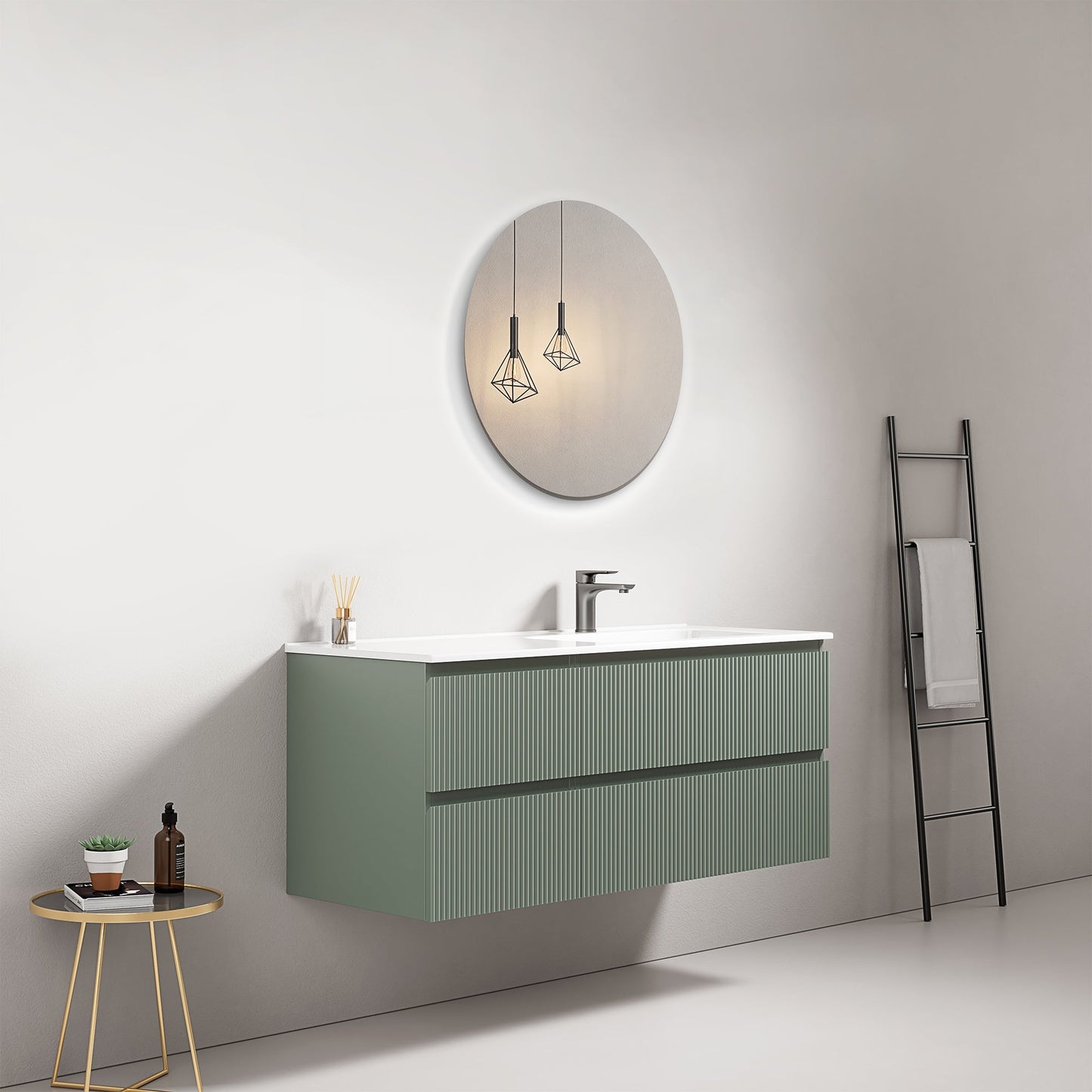 Mobile bagno sospeso cannettato 120 cm Verde Salvia Lavabo a Destra in Ceramica Specchio Tondo - Fiji Paint