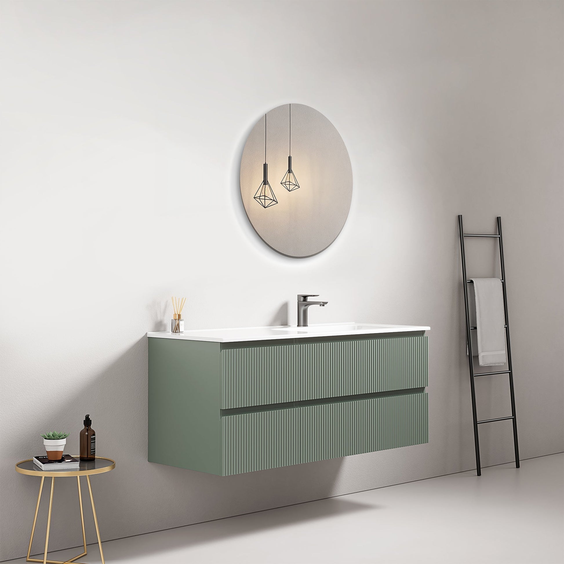 Mobile bagno sospeso cannettato 120 cm Verde Salvia Lavabo a Destra in Ceramica Specchio Tondo - Fiji Paint