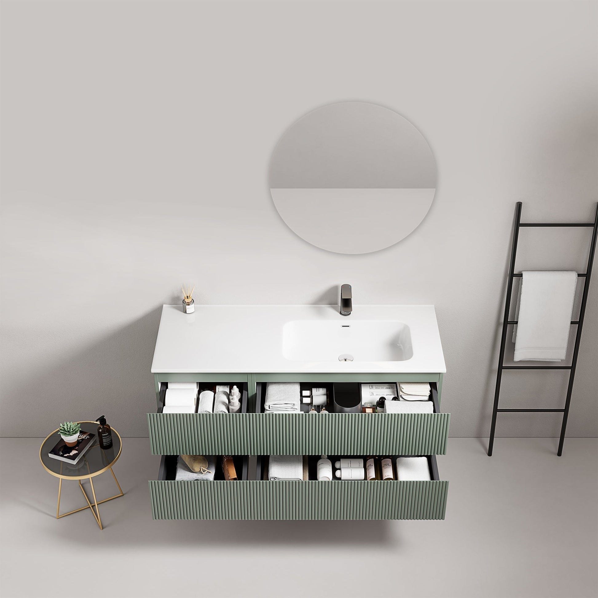 Mobile bagno sospeso cannettato 120 cm Verde Salvia Lavabo a Destra in Ceramica Specchio Tondo - Fiji Paint