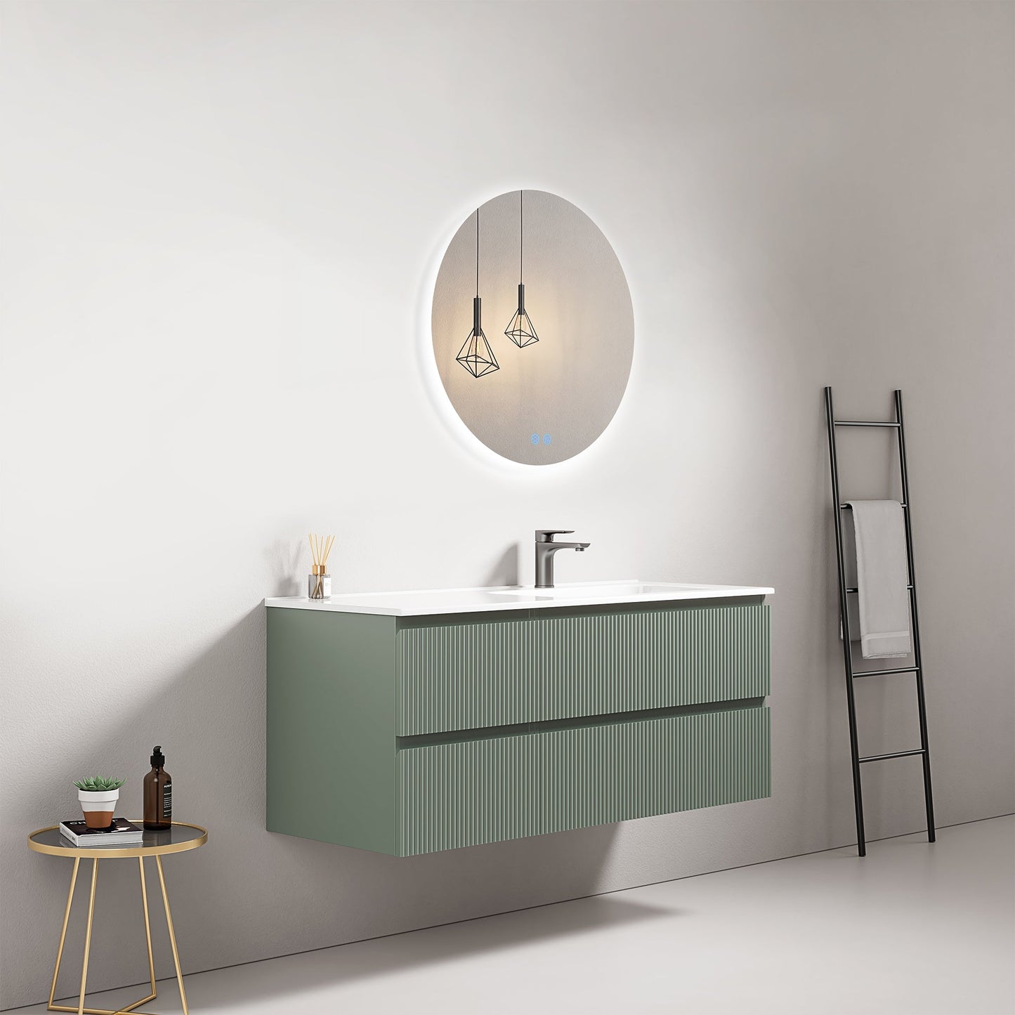 Mobile bagno sospeso cannettato 120 cm Verde Salvia Lavabo a Destra in Ceramica Specchio Tondo Retroilluminato - Fiji Paint
