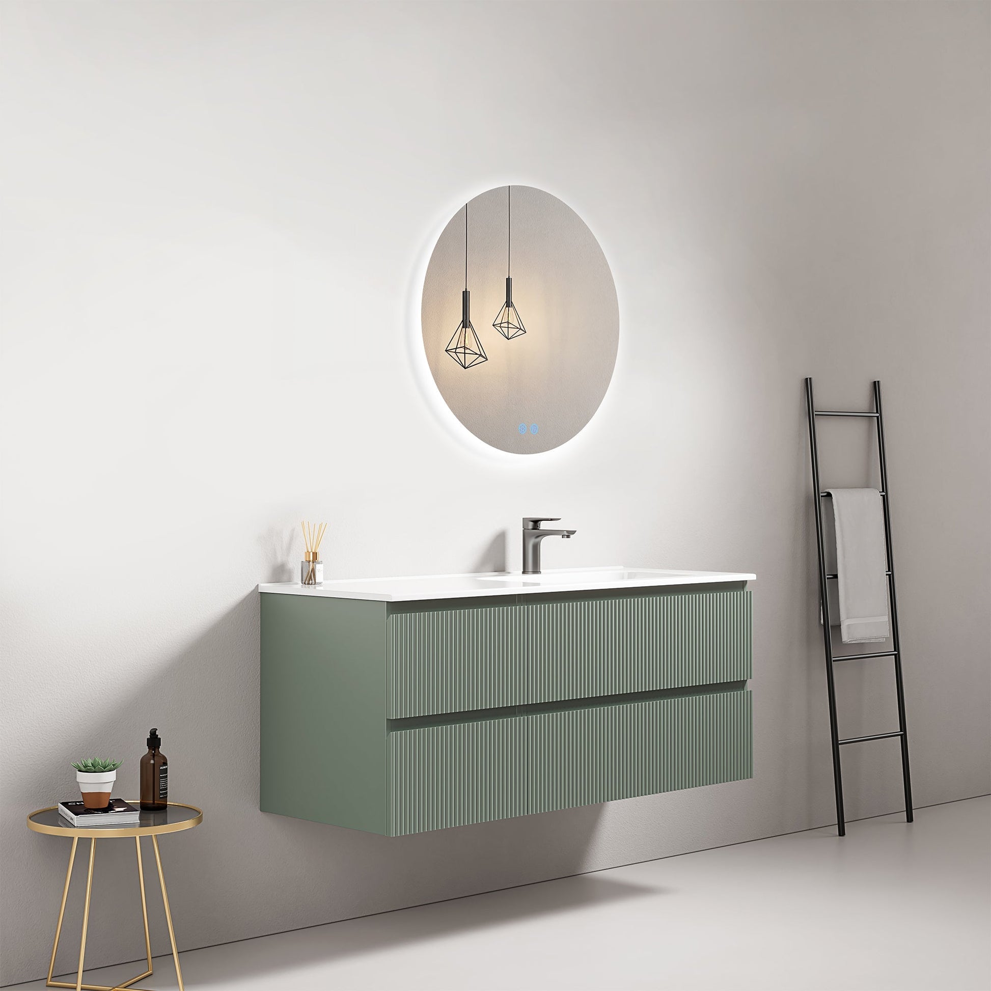 Mobile bagno sospeso cannettato 120 cm Verde Salvia Lavabo a Destra in Ceramica Specchio Tondo Retroilluminato - Fiji Paint