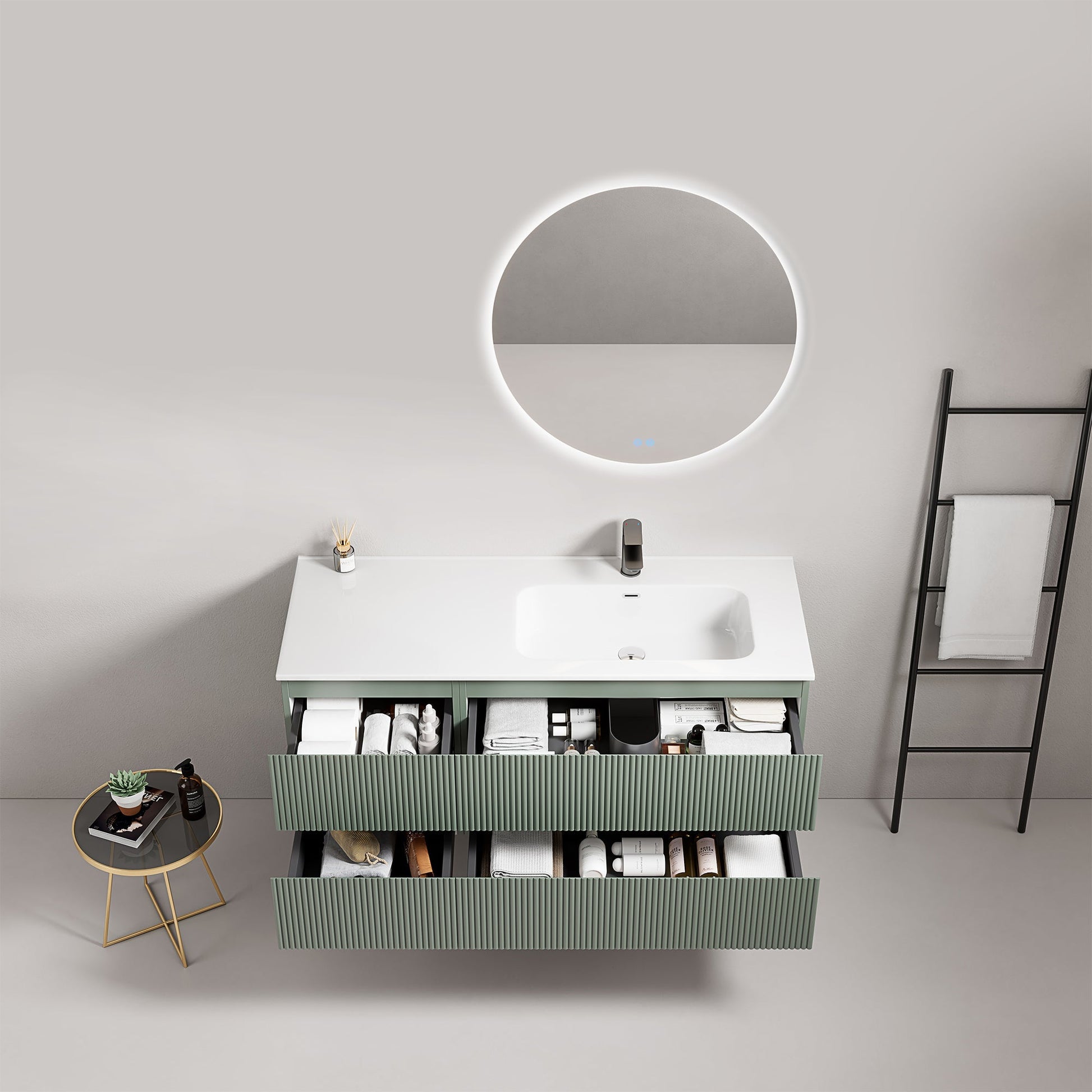 Mobile bagno sospeso cannettato 120 cm Verde Salvia Lavabo a Destra in Ceramica Specchio Tondo Retroilluminato - Fiji Paint.