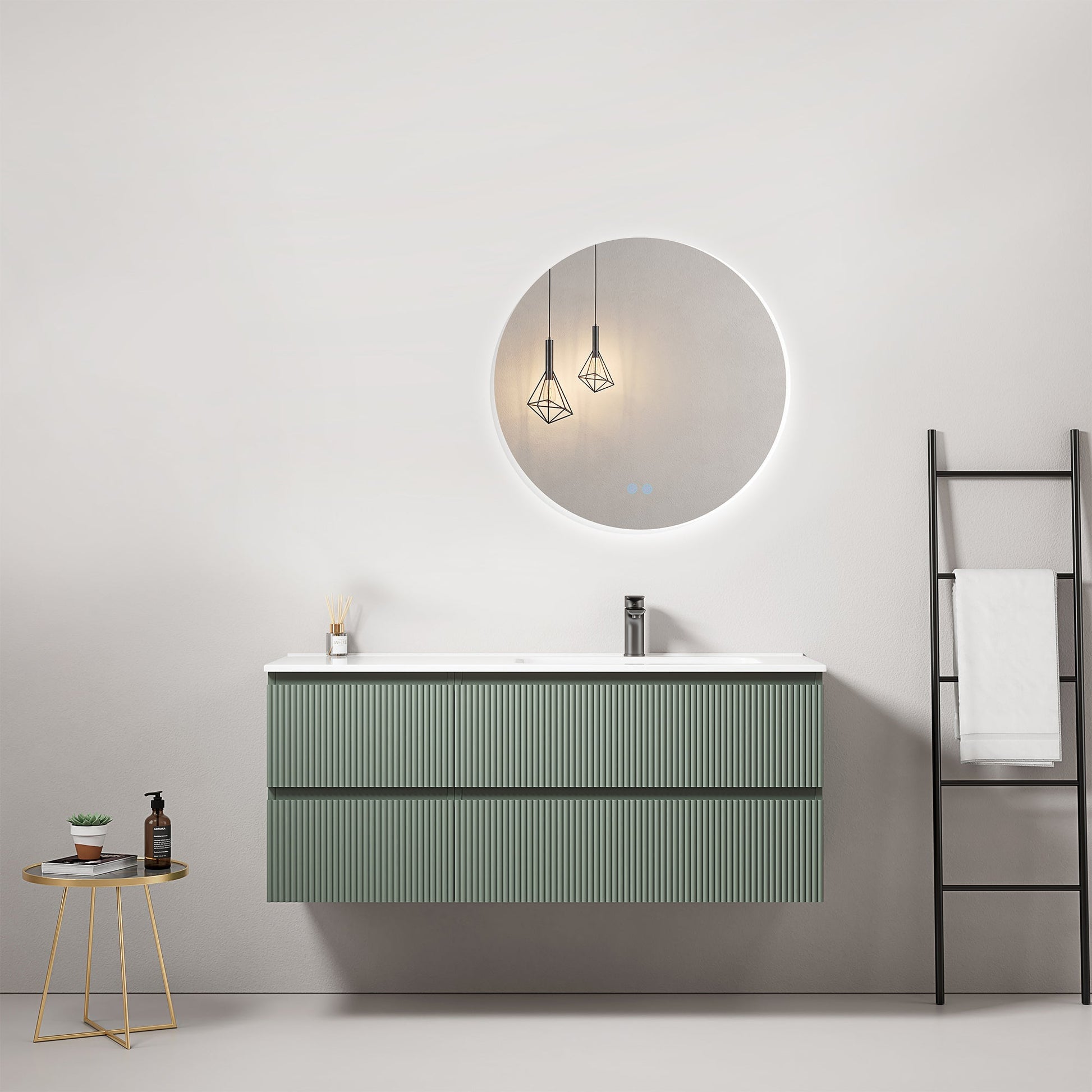 Mobile bagno sospeso cannettato 120 cm Verde Salvia Lavabo a Destra in Ceramica Specchio Tondo Retroilluminato - Fiji Paint.