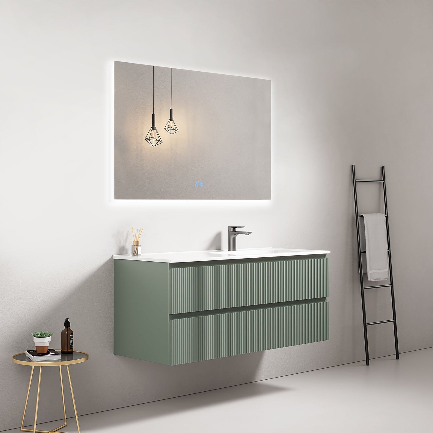 Mobile bagno sospeso cannettato 120 cm Verde Salvia Lavabo a Destra in Ceramica Specchio Quadro Retroilluminato - Fiji Paint