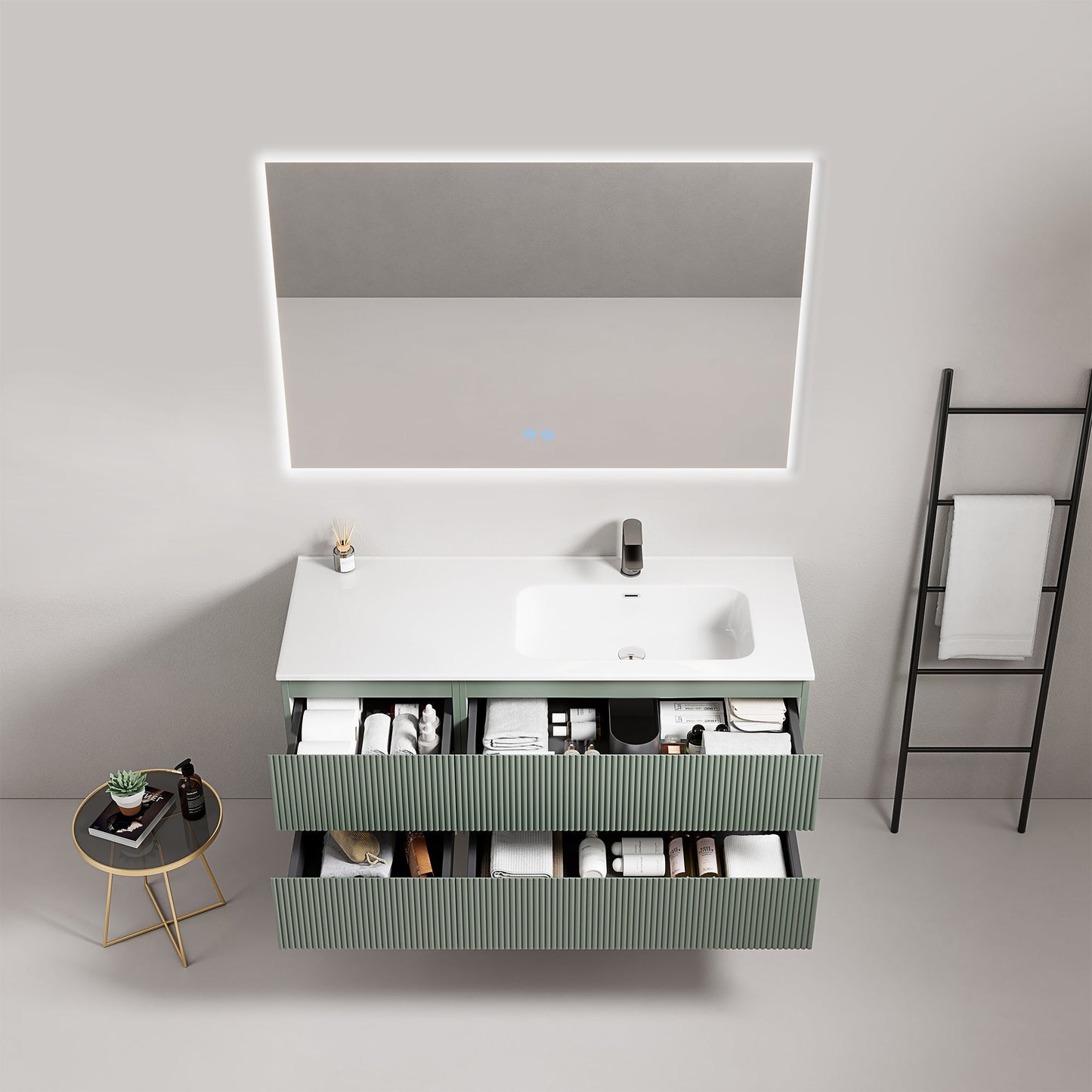 Mobile bagno sospeso cannettato 120 cm Verde Salvia Lavabo a Destra in Ceramica Specchio Quadro Retroilluminato - Fiji Paint