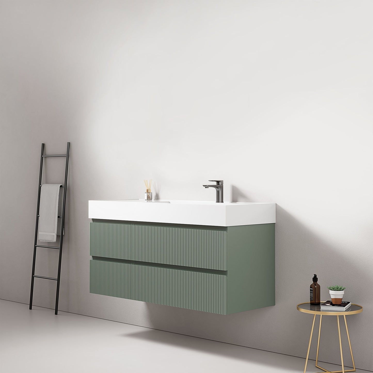 Mobile bagno sospeso cannettato 120 cm Verde Salvia Lavabo a Destra in Resina Senza Specchio - Fiji Paint