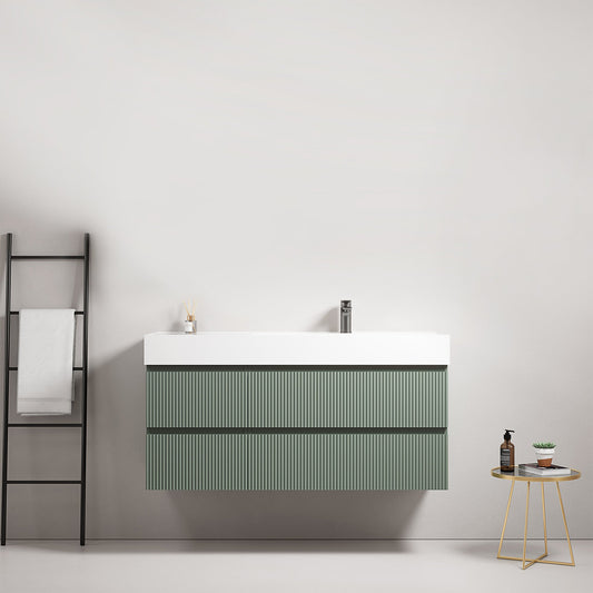 Mobile bagno sospeso cannettato 120 cm Verde Salvia Lavabo a Destra in Resina Senza Specchio - Fiji Paint