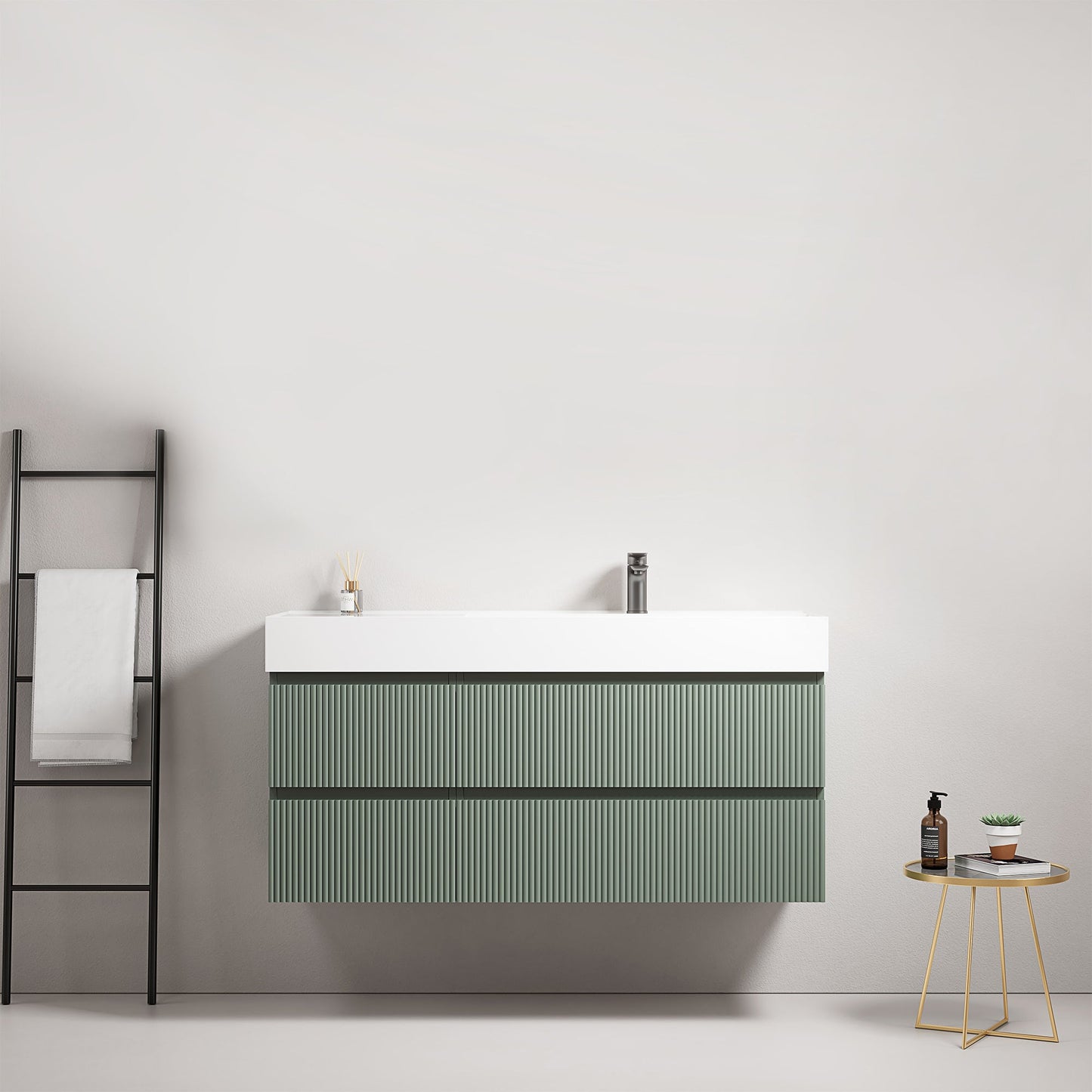Mobile bagno sospeso cannettato 120 cm Verde Salvia Lavabo a Destra in Resina Senza Specchio - Fiji Paint